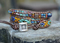 Boho Leather Wrap Bracelet, Tile & Czech Glass Beaded