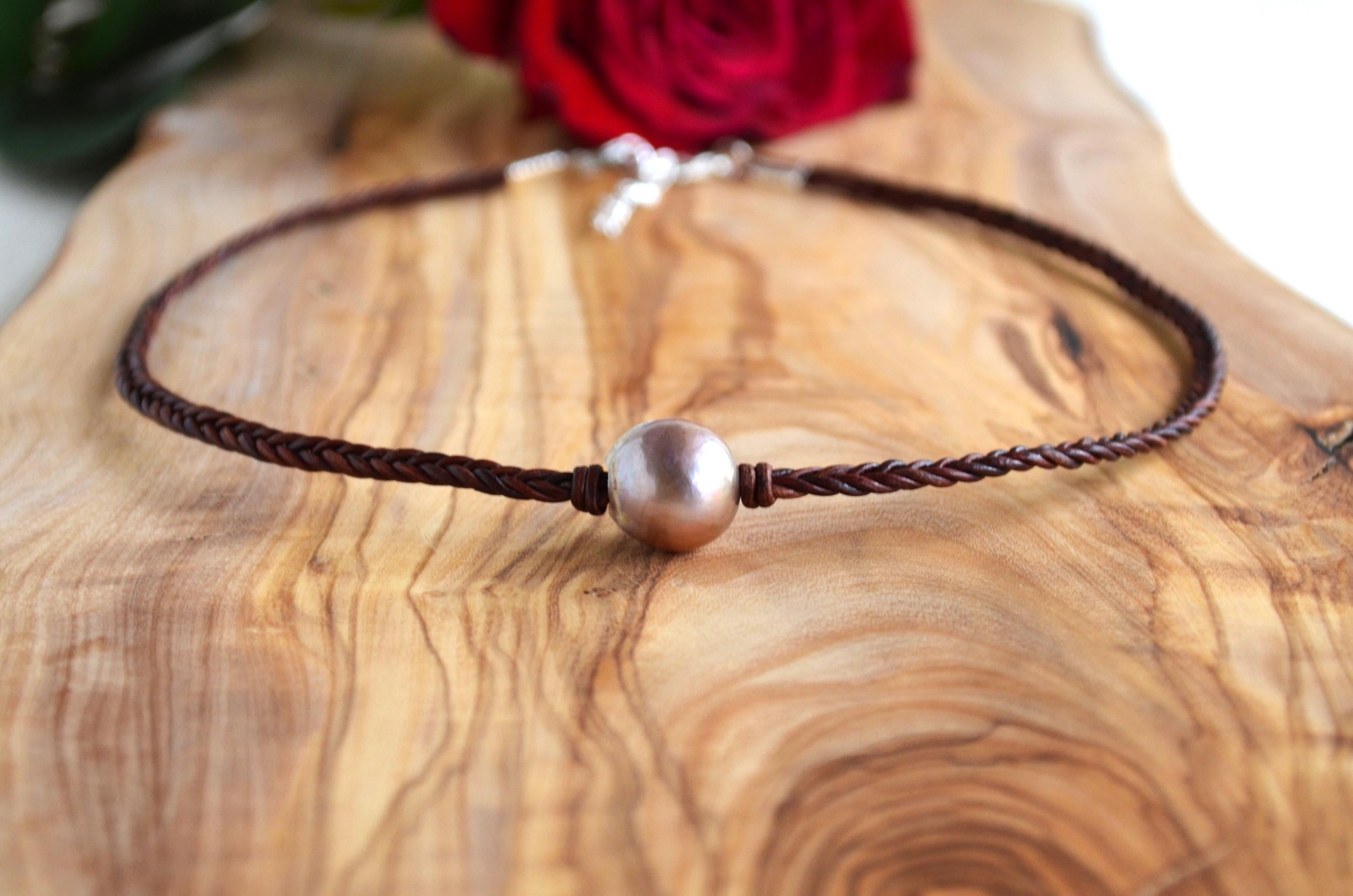 Hand Braided Leather Choker, Pink Edison Pearl Short Necklace