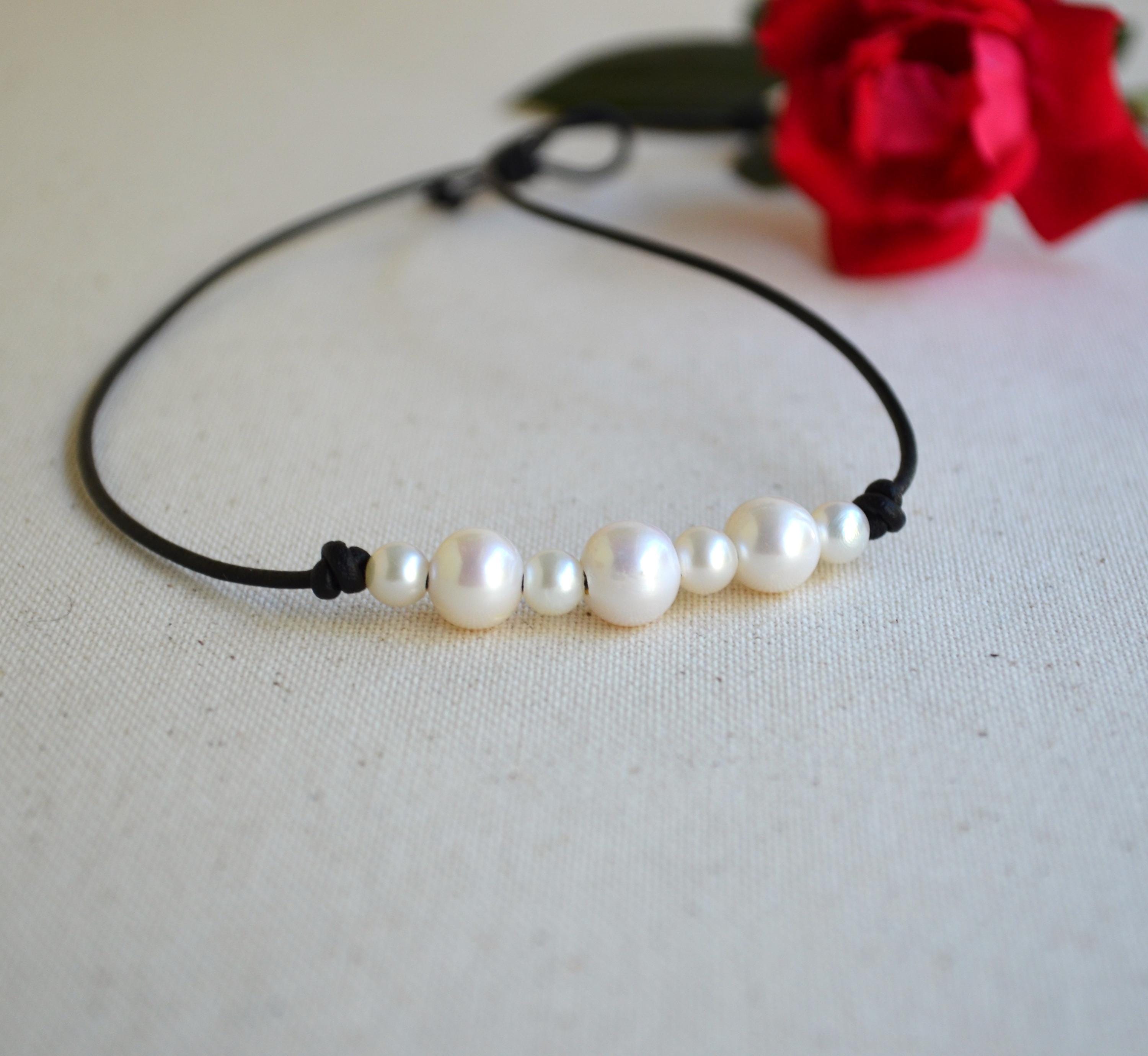 Pearls on Leather Necklace/Choker for Women, White Freshwater Pearls, Boho Chic