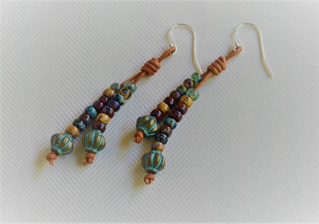 Patina Picasso Beaded Leather Earrings: Sterling Silver Boho Dangles