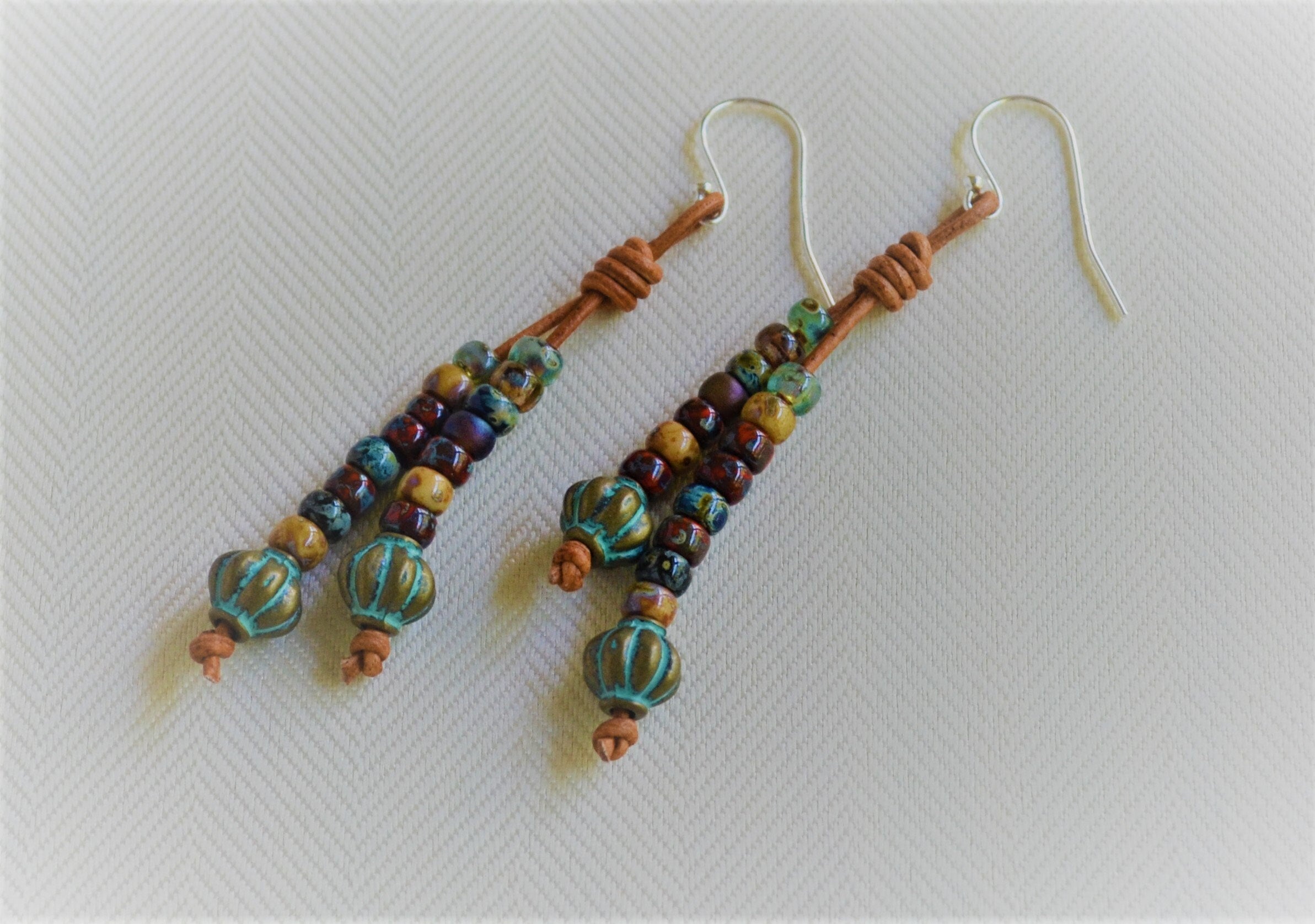 Patina Picasso Beaded Leather Earrings: Sterling Silver Boho Dangles
