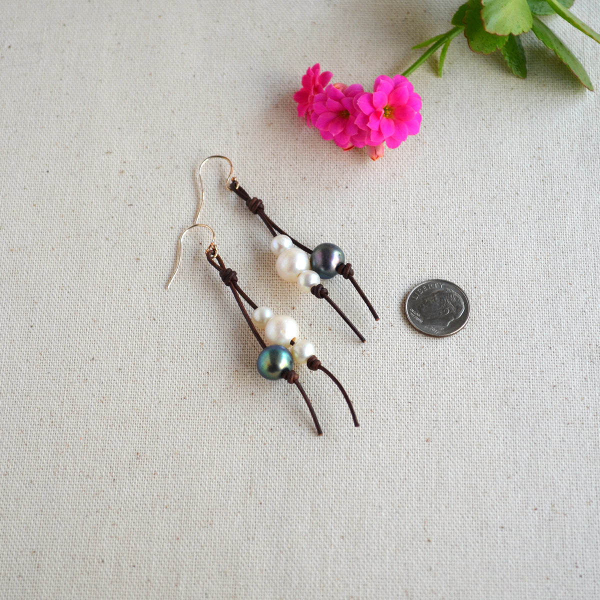 Handmade Freshwater Pearls on Leather Earrings, Sterling Silver French Wires
