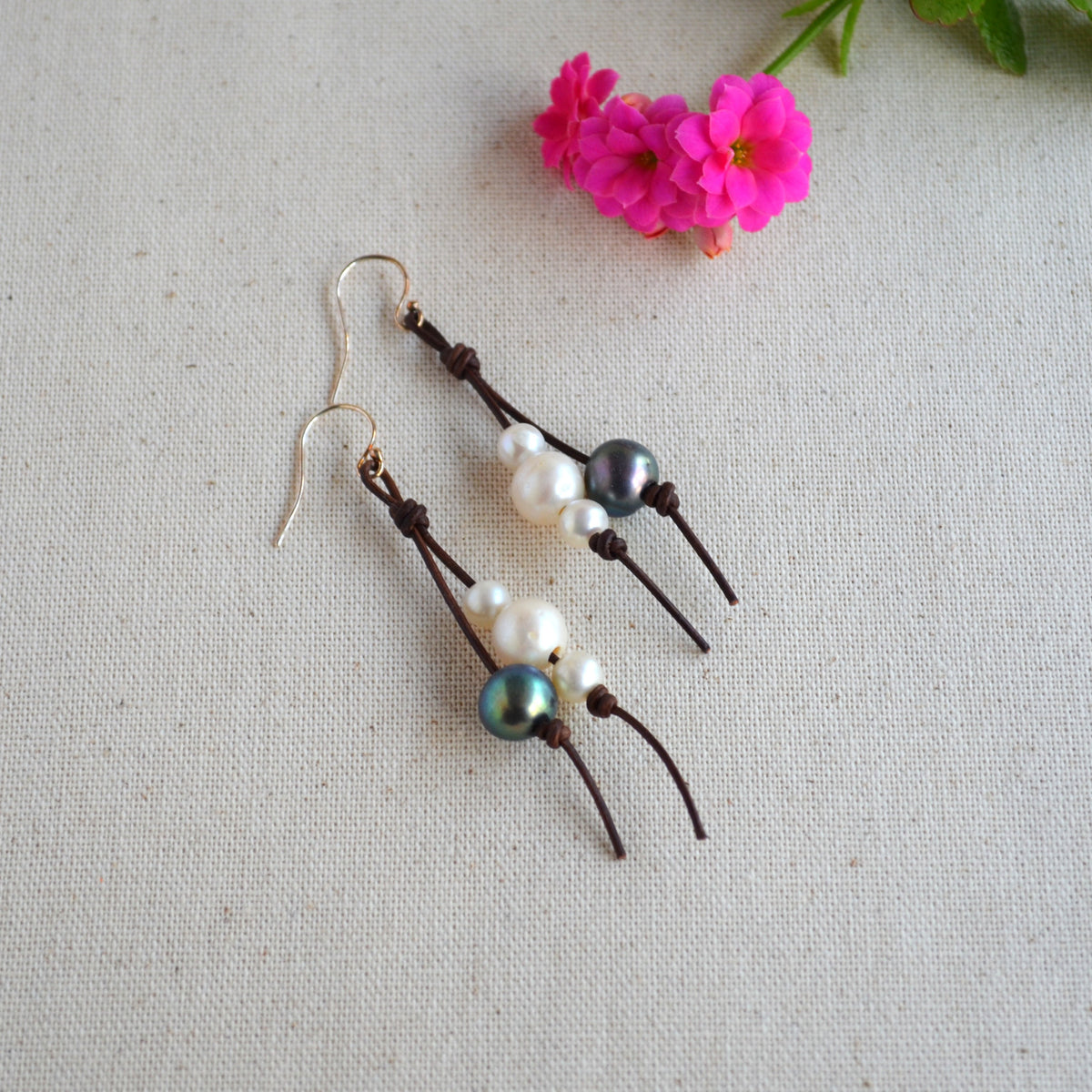 Handmade Freshwater Pearls on Leather Earrings, Sterling Silver French Wires