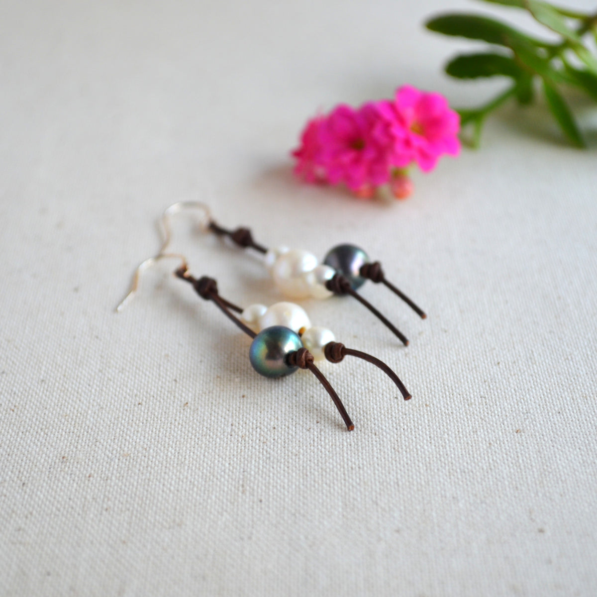 Handmade Freshwater Pearls on Leather Earrings, Sterling Silver French Wires