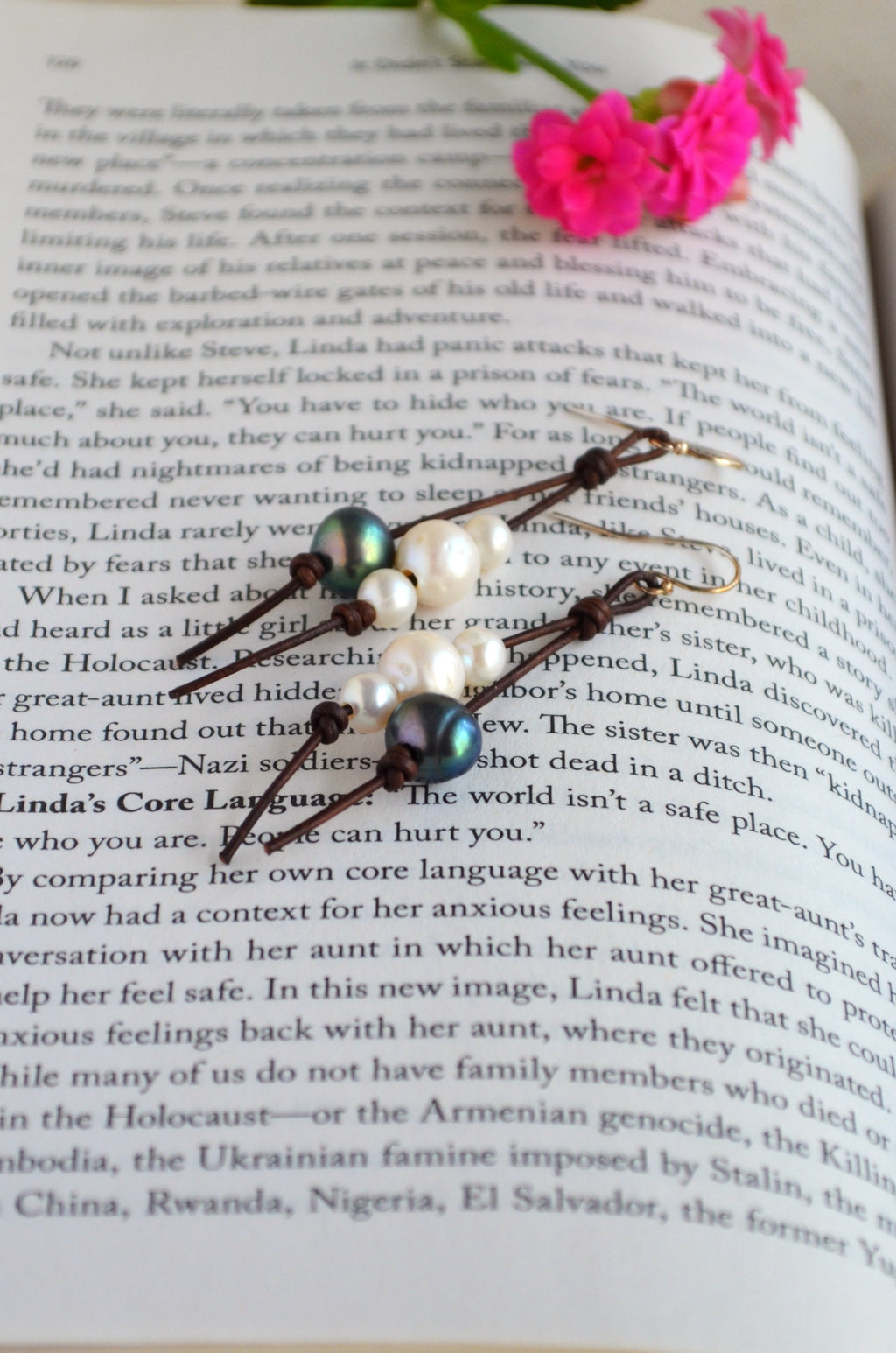 Handmade Freshwater Pearls on Leather Earrings, Sterling Silver French Wires