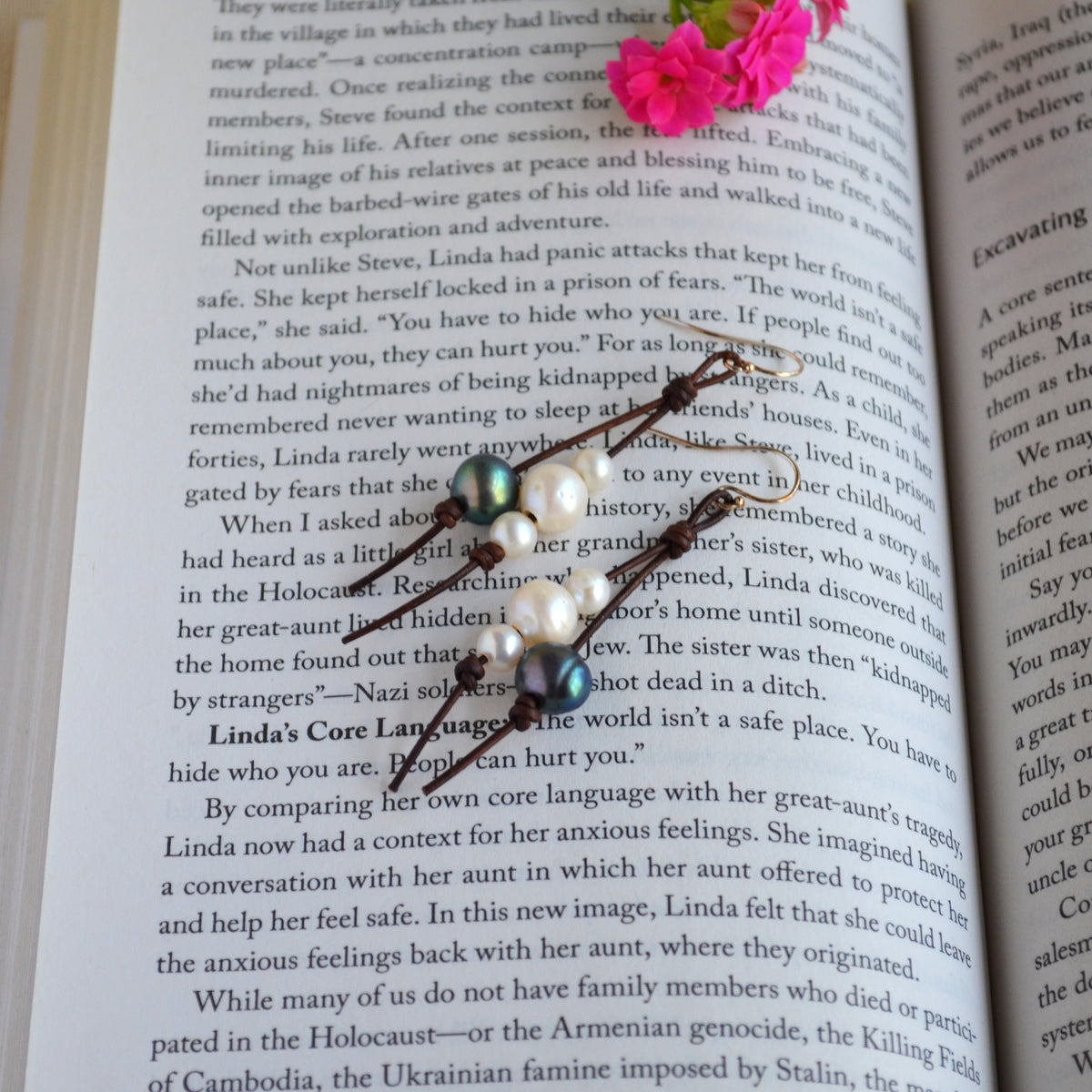Handmade Freshwater Pearls on Leather Earrings, Sterling Silver French Wires