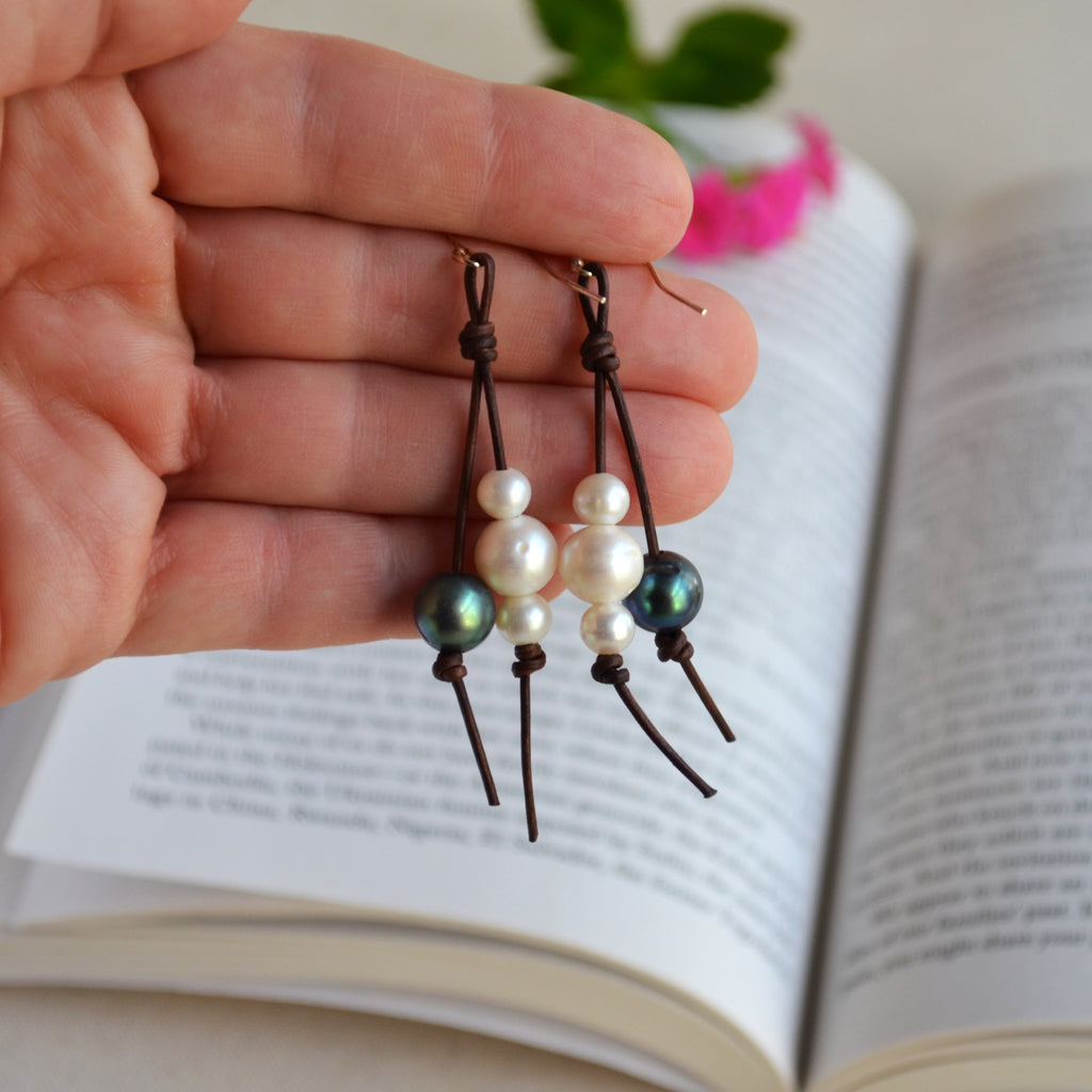 Handmade Freshwater Pearls on Leather Earrings, Sterling Silver French Wires