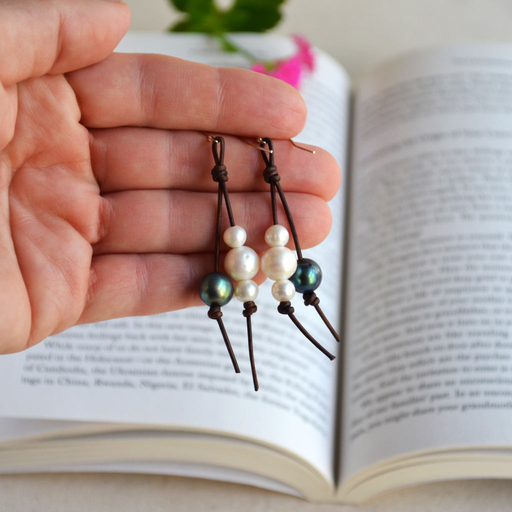 Handmade Freshwater Pearls on Leather Earrings, Sterling Silver French Wires