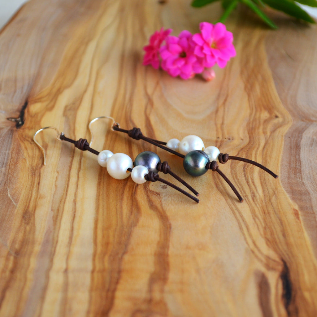 Handmade Freshwater Pearls on Leather Earrings, Sterling Silver French Wires