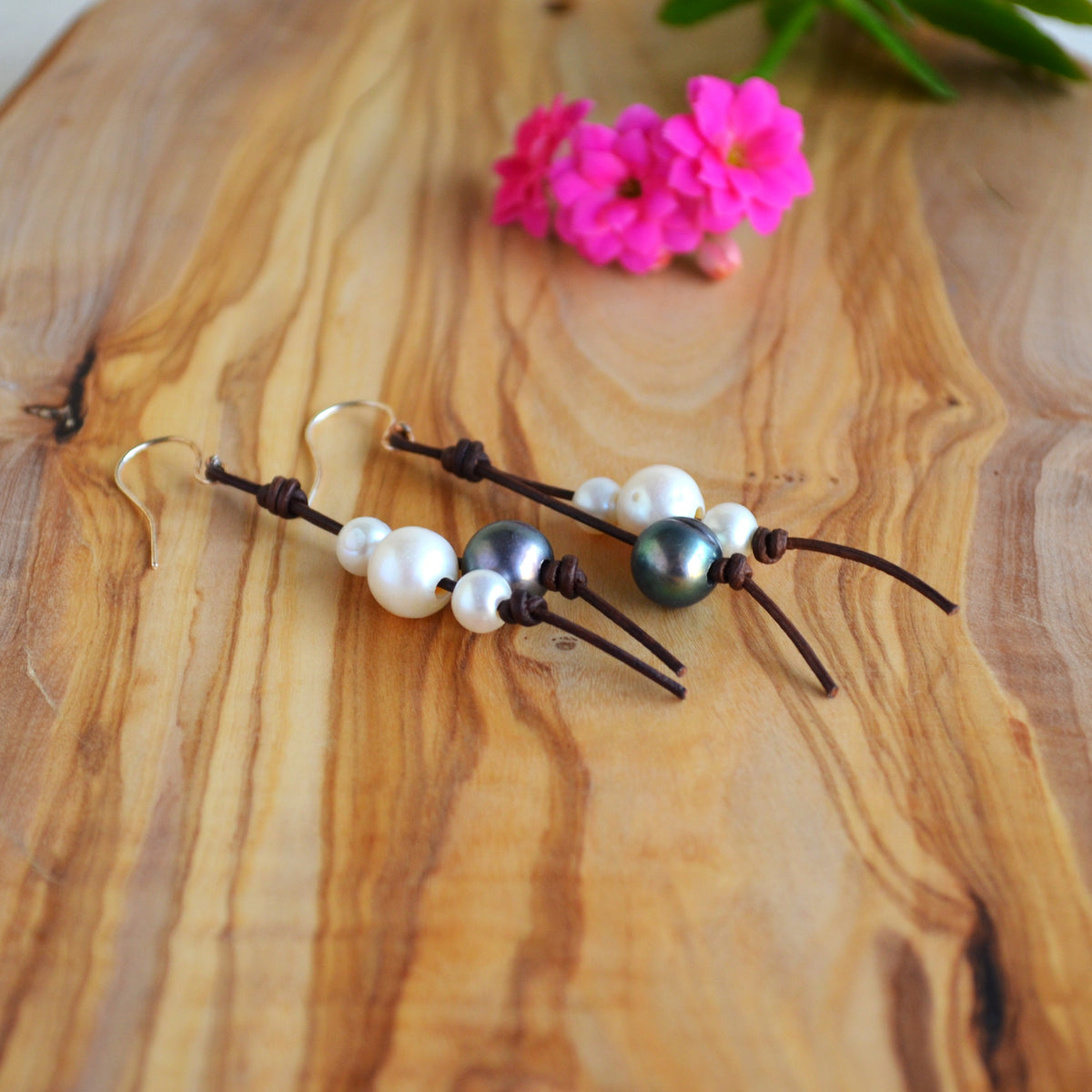 Handmade Freshwater Pearls on Leather Earrings, Sterling Silver French Wires