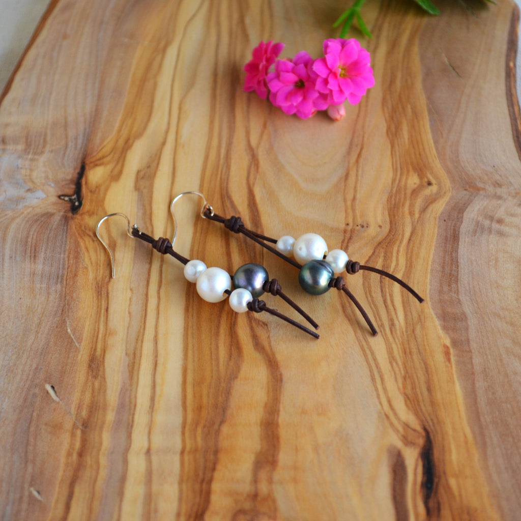 Handmade Freshwater Pearls on Leather Earrings, Sterling Silver French Wires