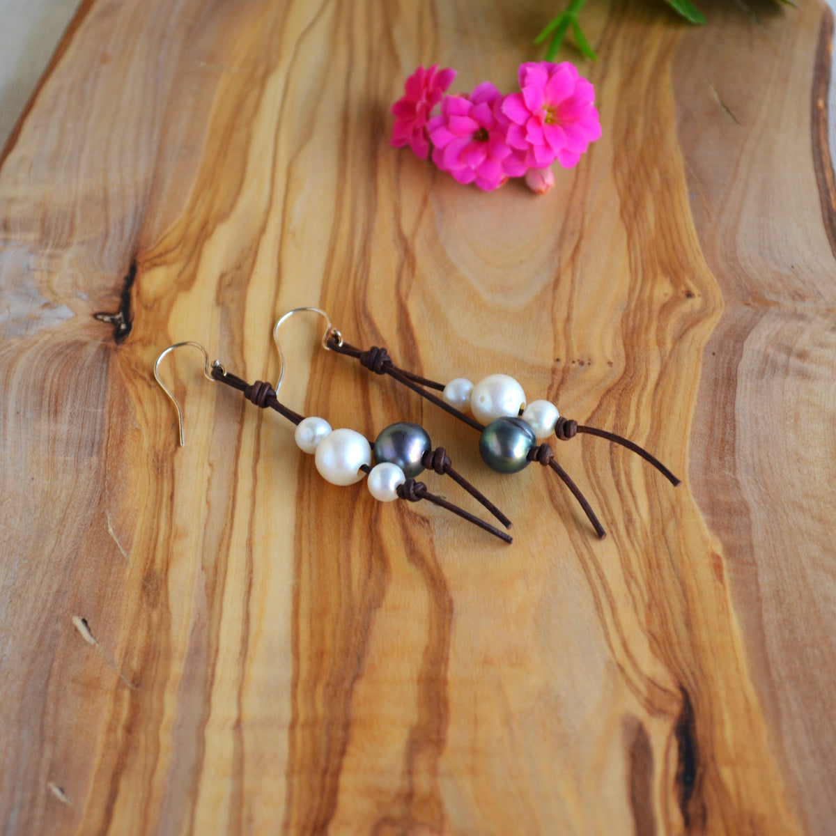 Handmade Freshwater Pearls on Leather Earrings, Sterling Silver French Wires