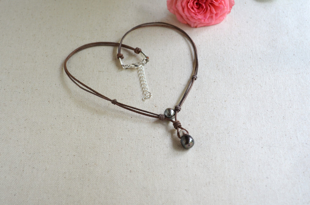 Tahitian Pearl Leather Necklace, Large Drop Pearl, Silver Black, Handmade Jewelry