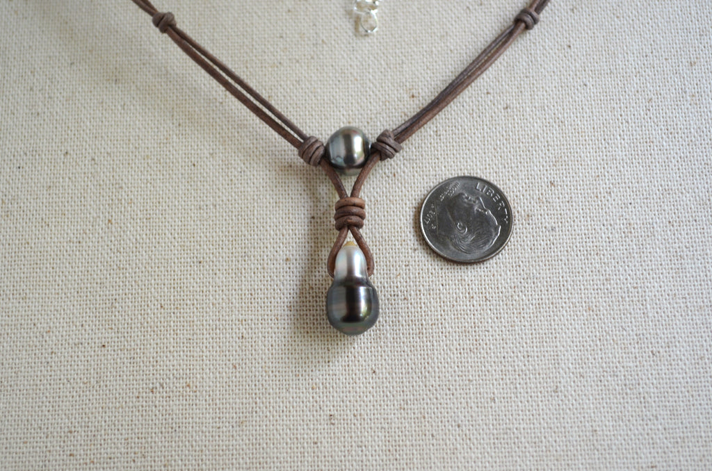 Tahitian Pearl Leather Necklace, Large Drop Pearl, Silver Black, Handmade Jewelry