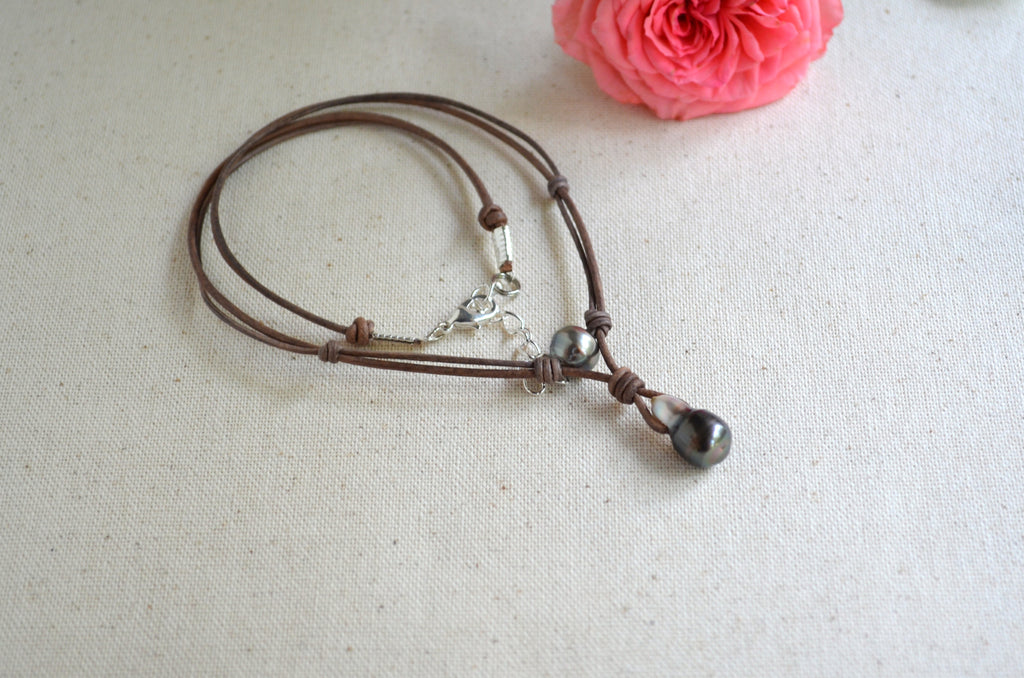 Tahitian Pearl Leather Necklace, Large Drop Pearl, Silver Black, Handmade Jewelry