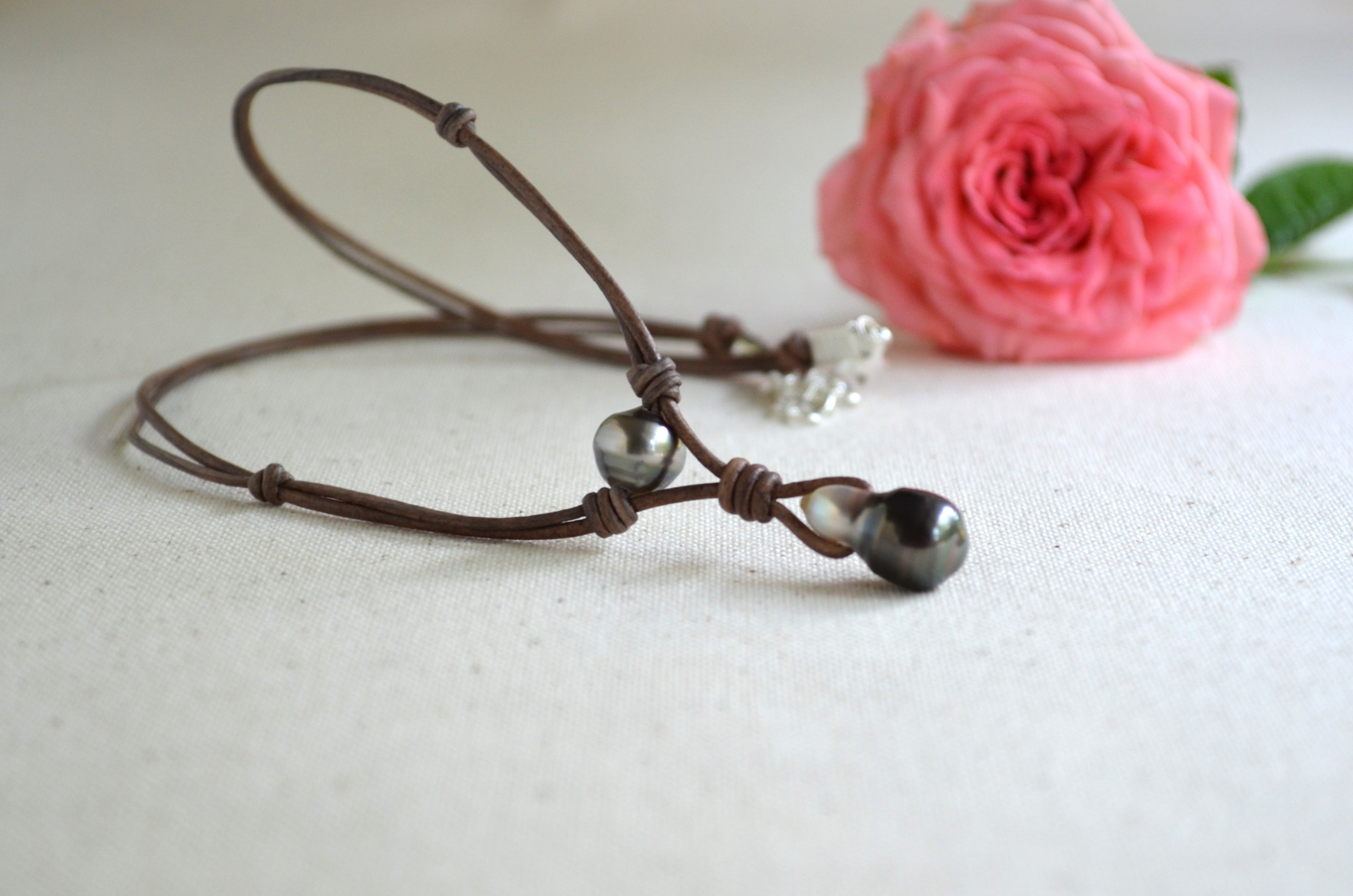 Tahitian Pearl Leather Necklace, Large Drop Pearl, Silver Black, Handmade Jewelry