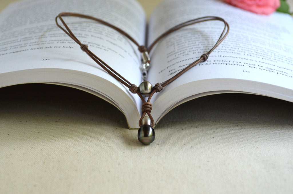Tahitian Pearl Leather Necklace, Large Drop Pearl, Silver Black, Handmade Jewelry