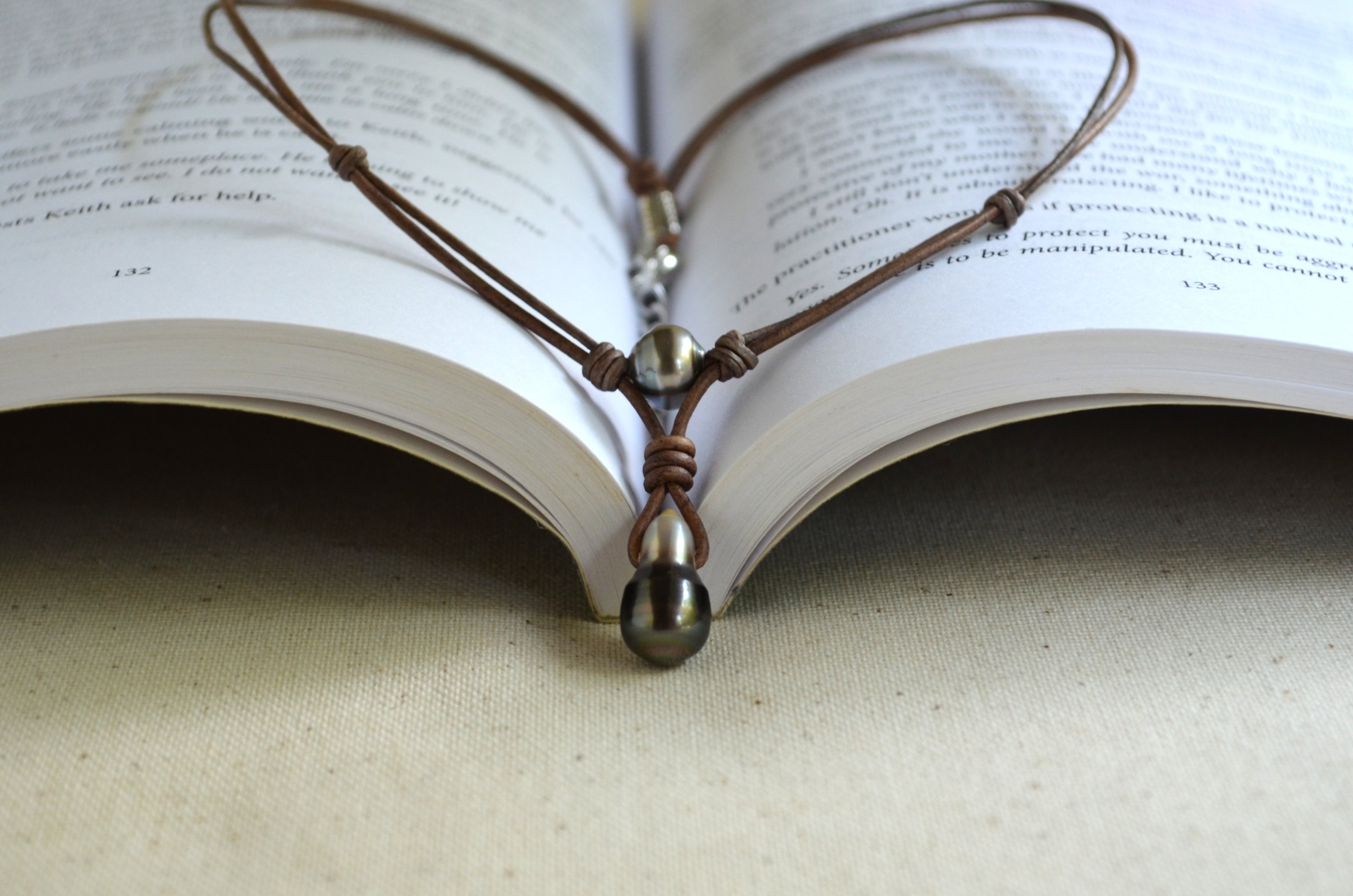 Tahitian Pearl Leather Necklace, Large Drop Pearl, Silver Black, Handmade Jewelry