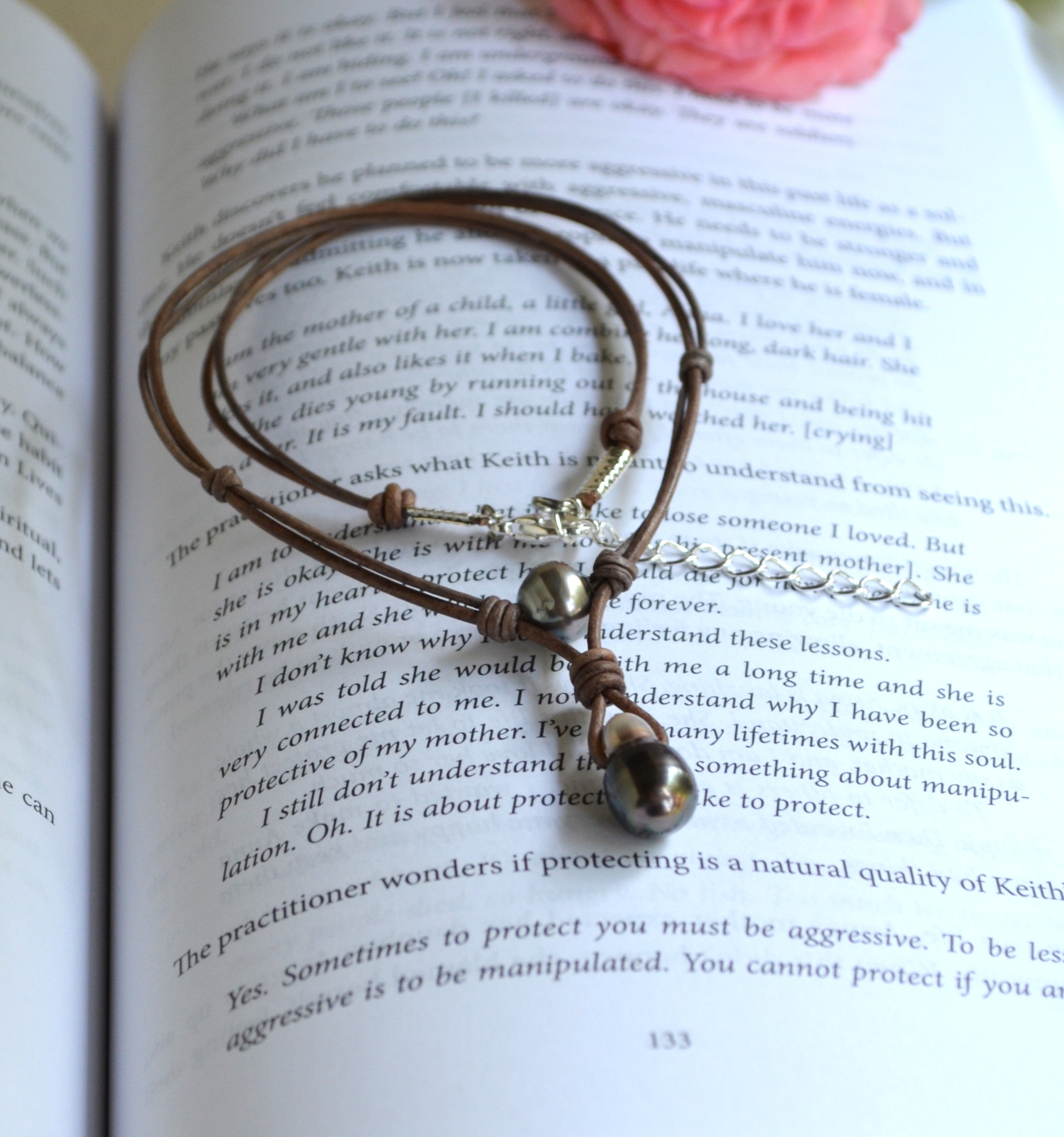 Tahitian Pearl Leather Necklace, Large Drop Pearl, Silver Black, Handmade Jewelry