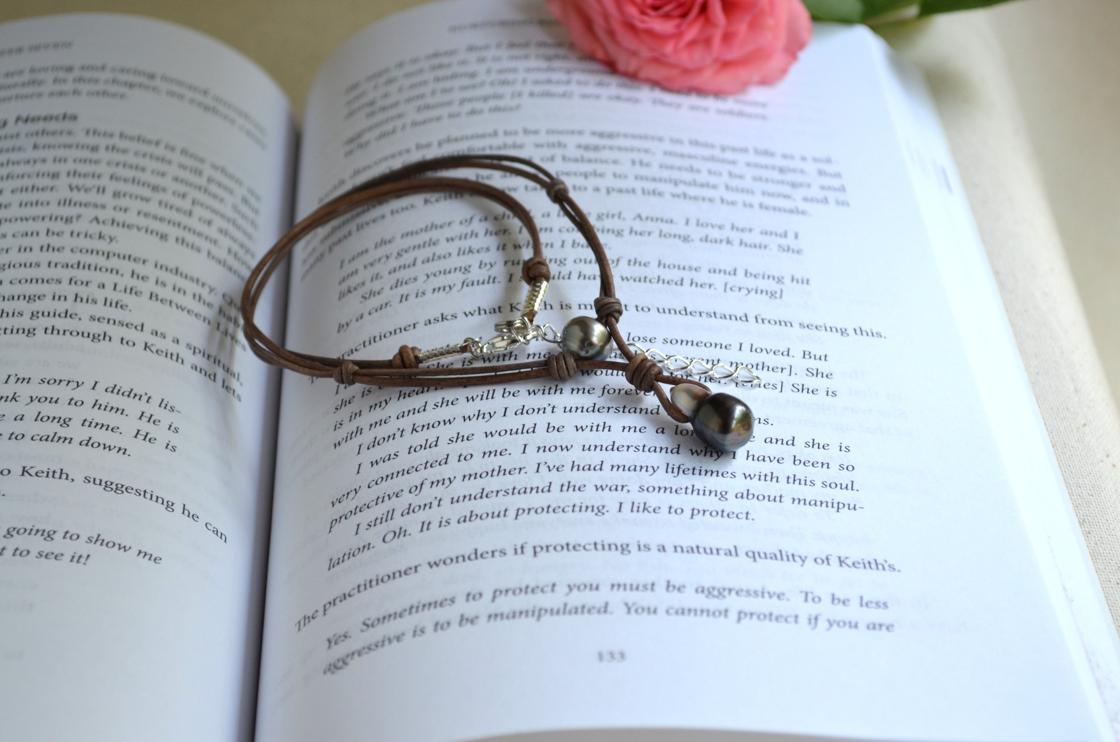 Tahitian Pearl Leather Necklace, Large Drop Pearl, Silver Black, Handmade Jewelry