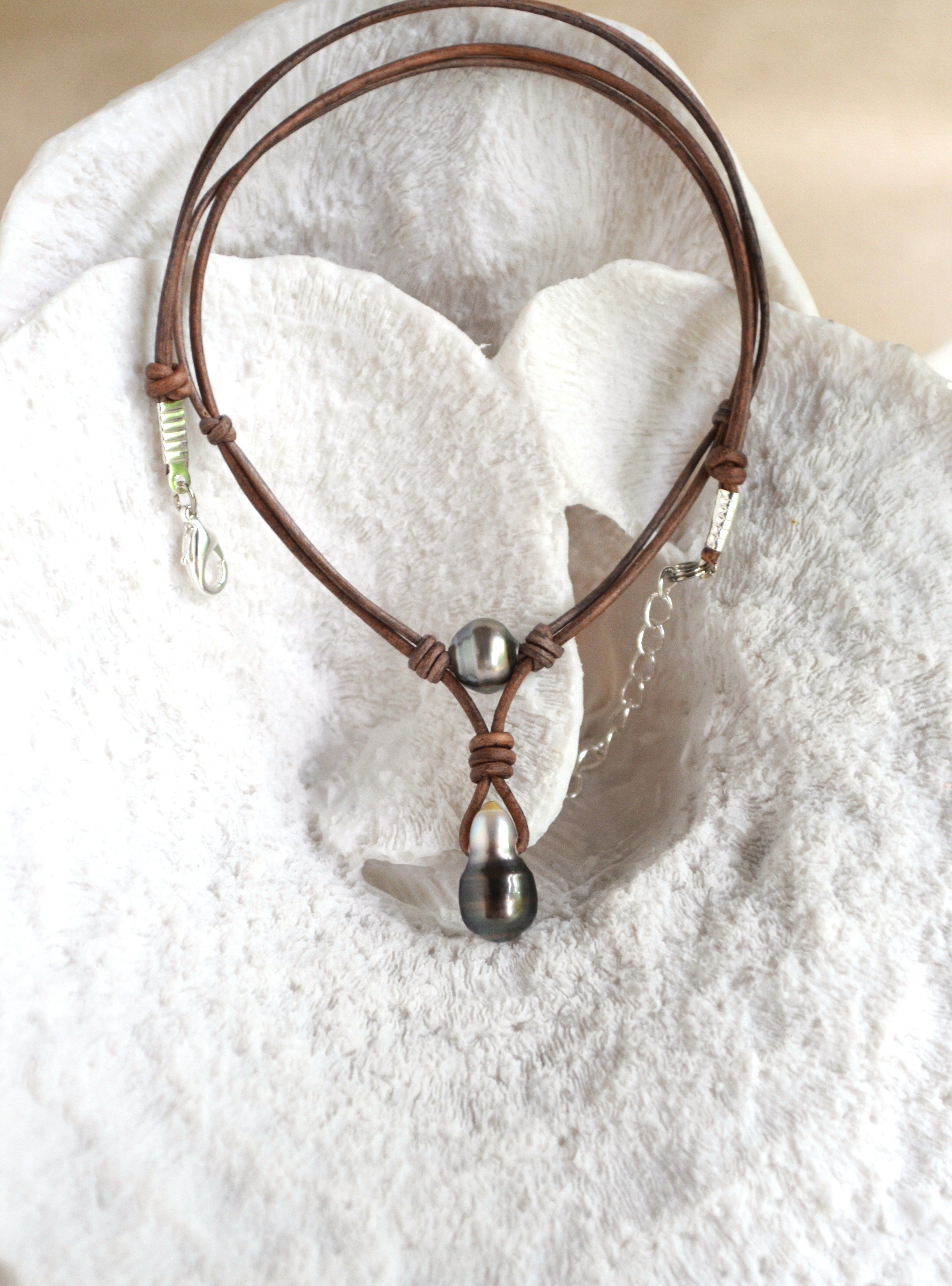 Tahitian Pearl Leather Necklace, Large Drop Pearl, Silver Black, Handmade Jewelry