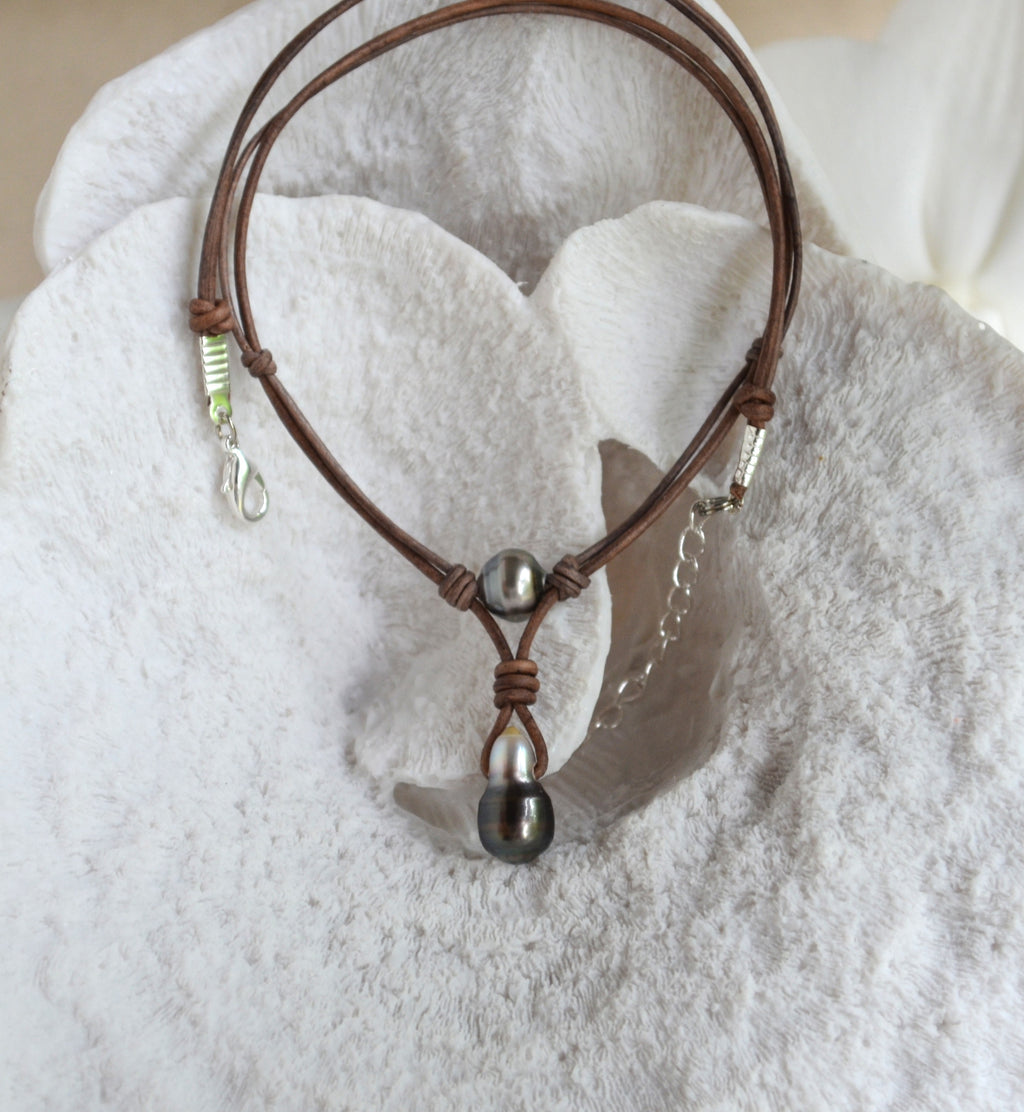 Tahitian Pearl Leather Necklace, Large Drop Pearl, Silver Black, Handmade Jewelry
