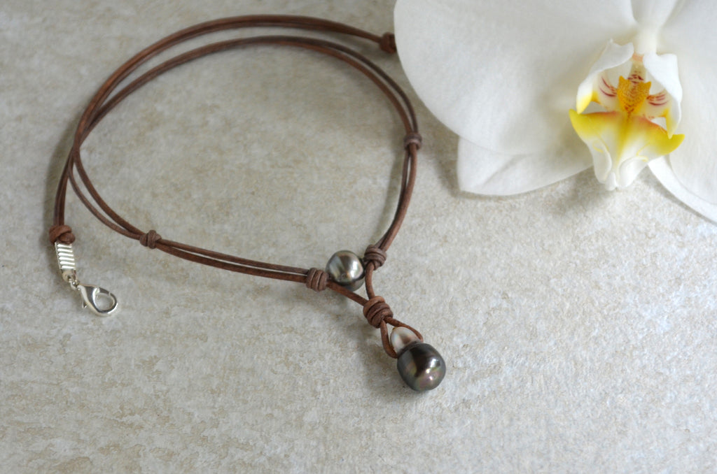 Tahitian Pearl Leather Necklace, Large Drop Pearl, Silver Black, Handmade Jewelry