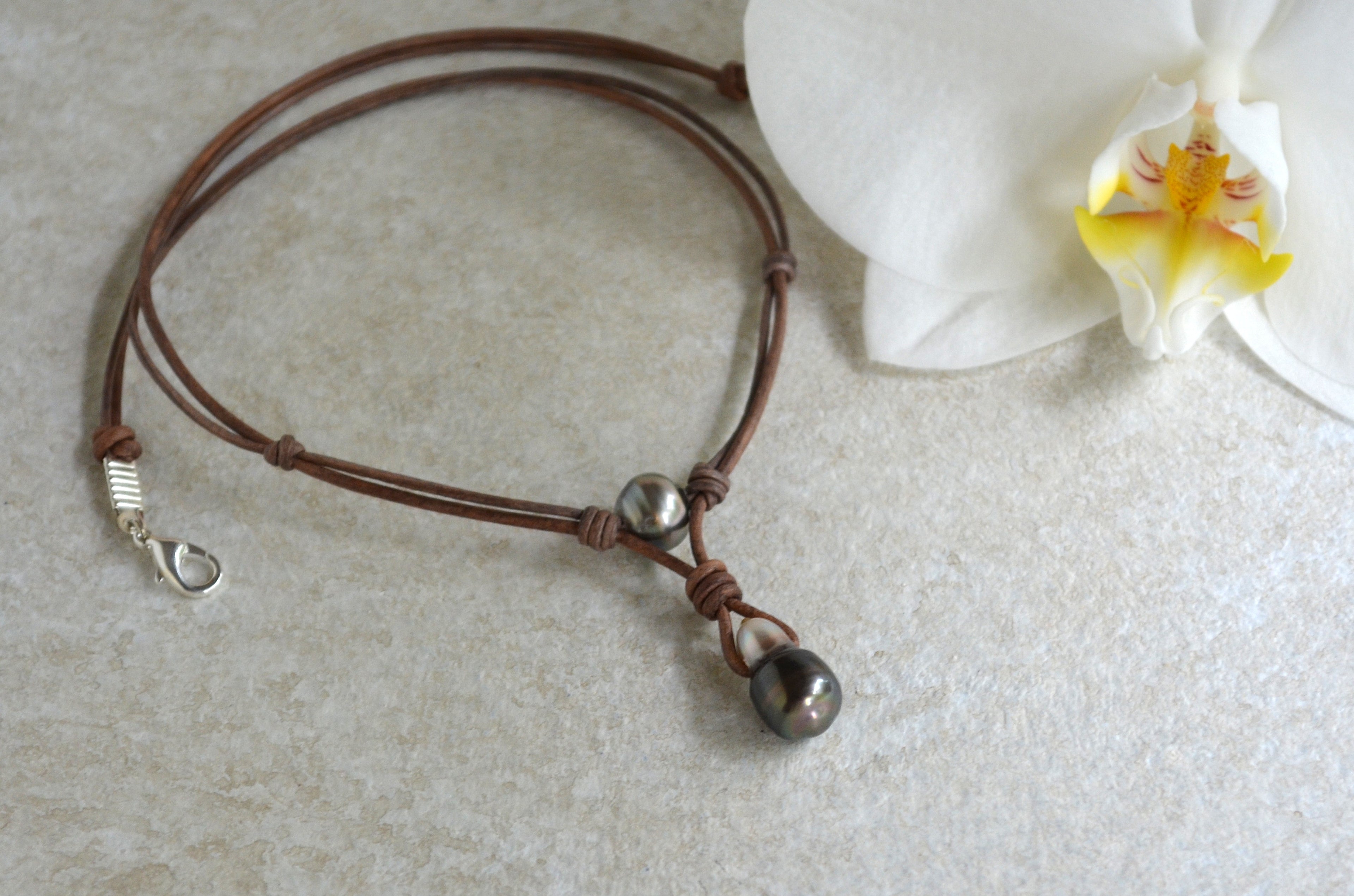 Tahitian Pearl Leather Necklace, Large Drop Pearl, Silver Black, Handmade Jewelry