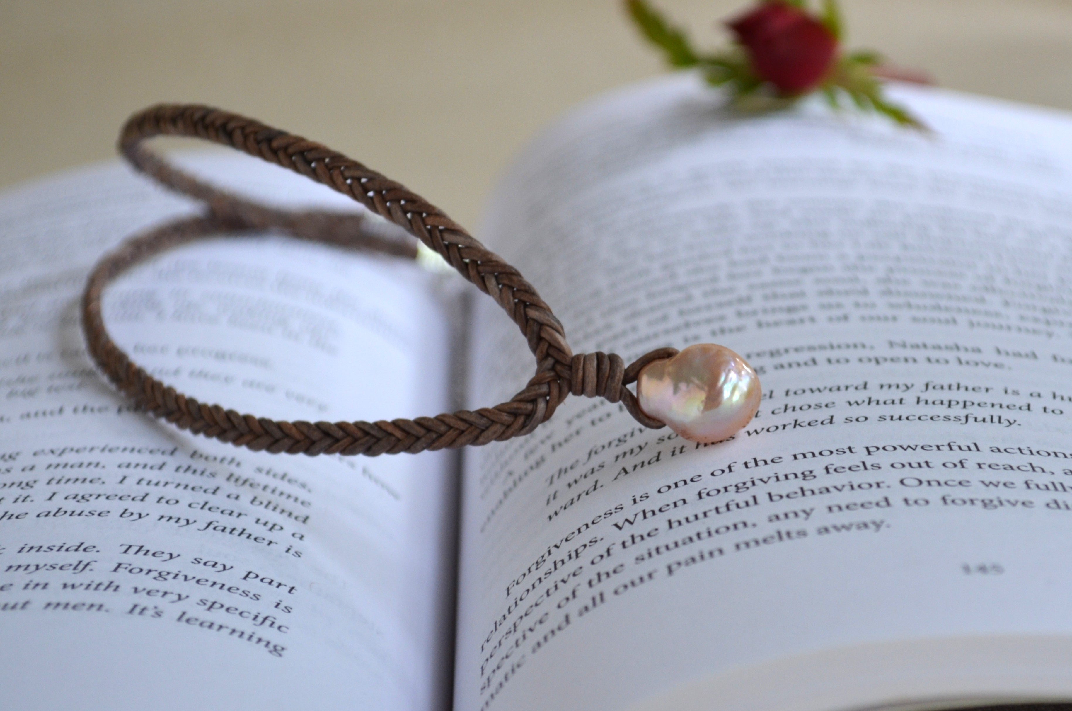 Baroque Edison Pearl Necklace on Braided Leather, Pink Edison Pearl