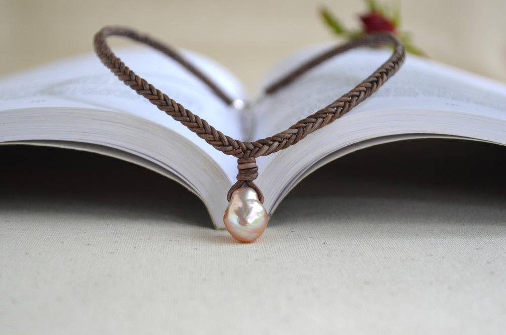 Baroque Edison Pearl Necklace on Braided Leather, Pink Edison Pearl