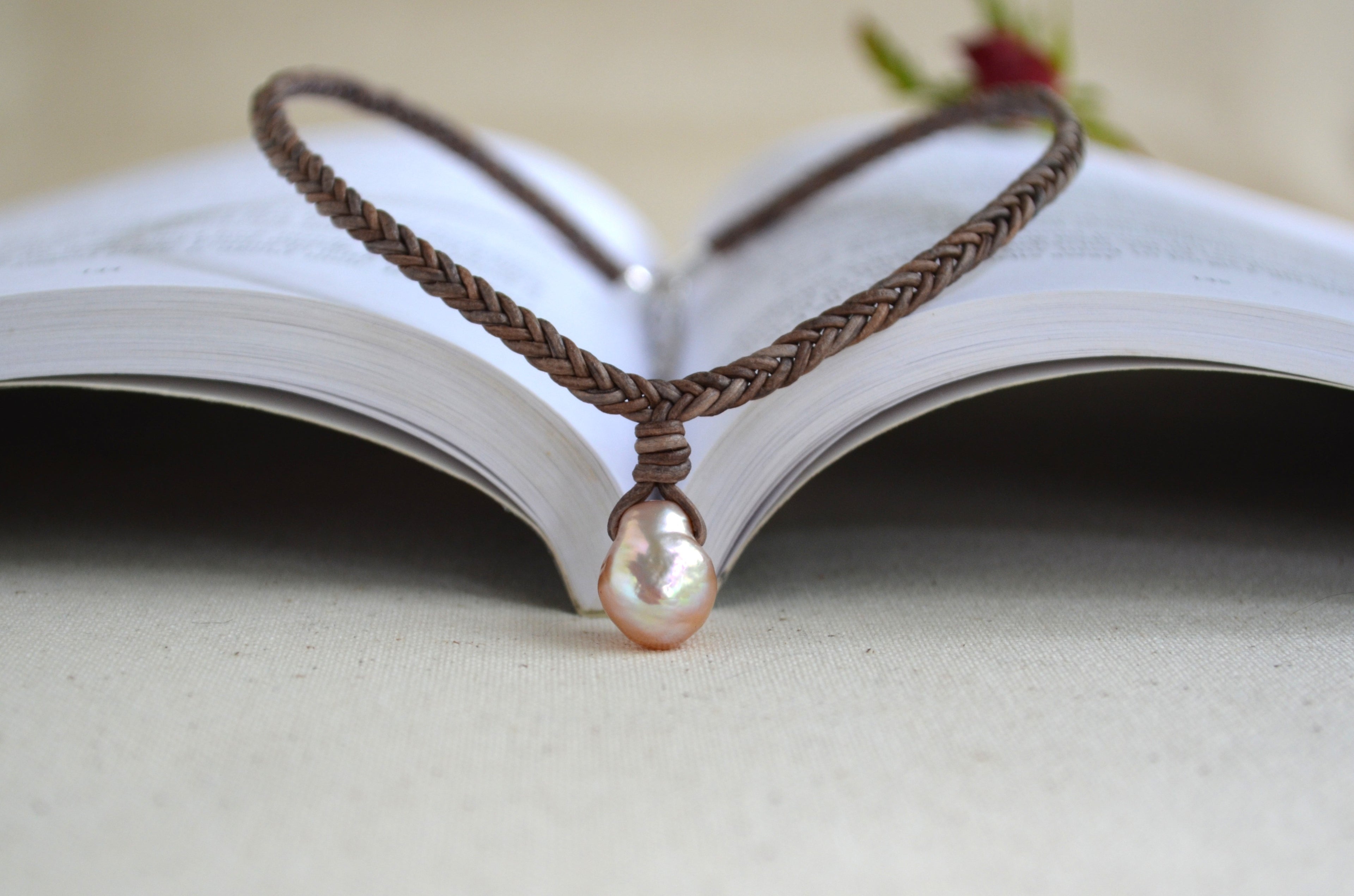Baroque Edison Pearl Necklace on Braided Leather, Pink Edison Pearl