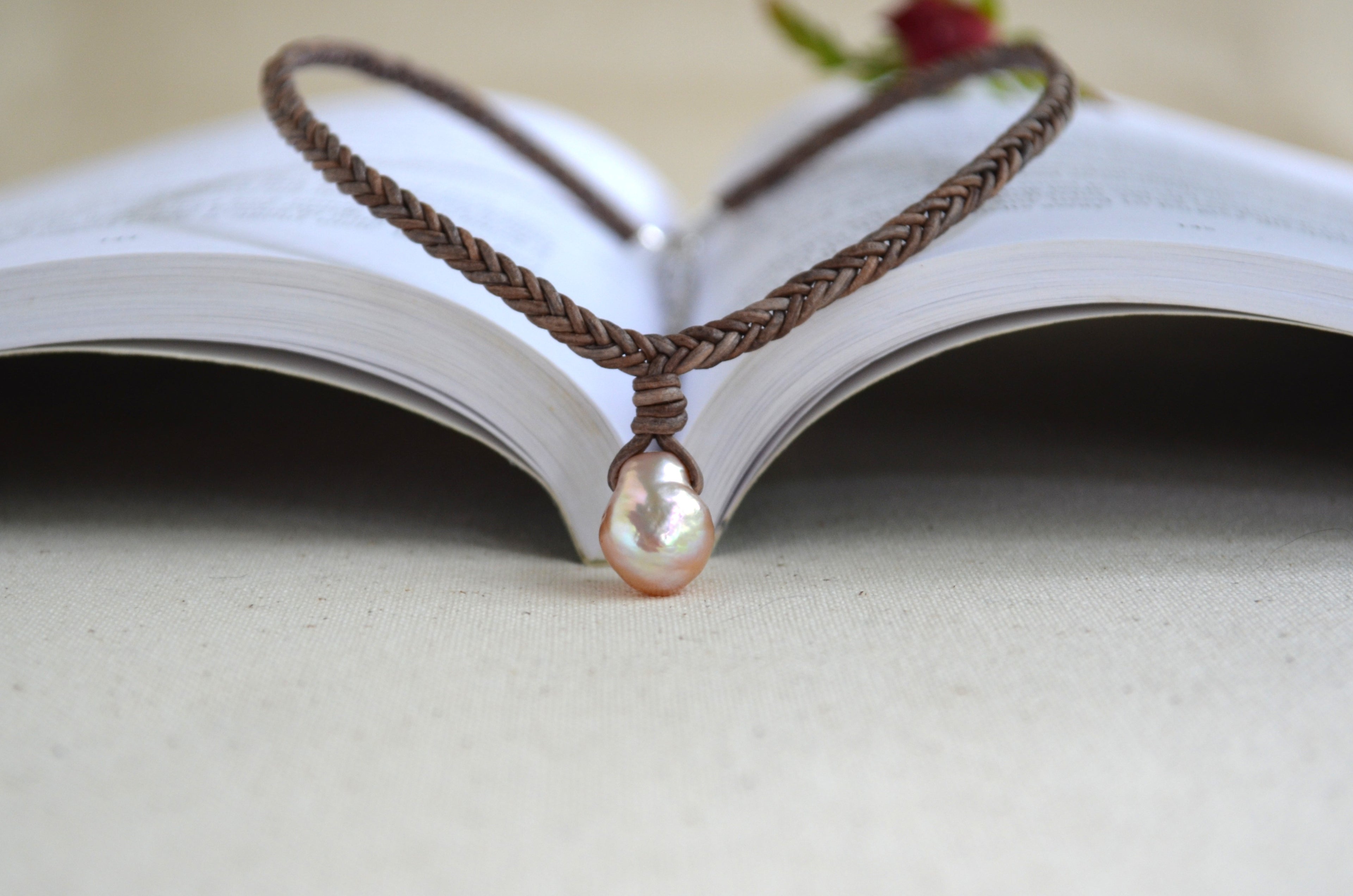 Baroque Edison Pearl Necklace on Braided Leather, Pink Edison Pearl