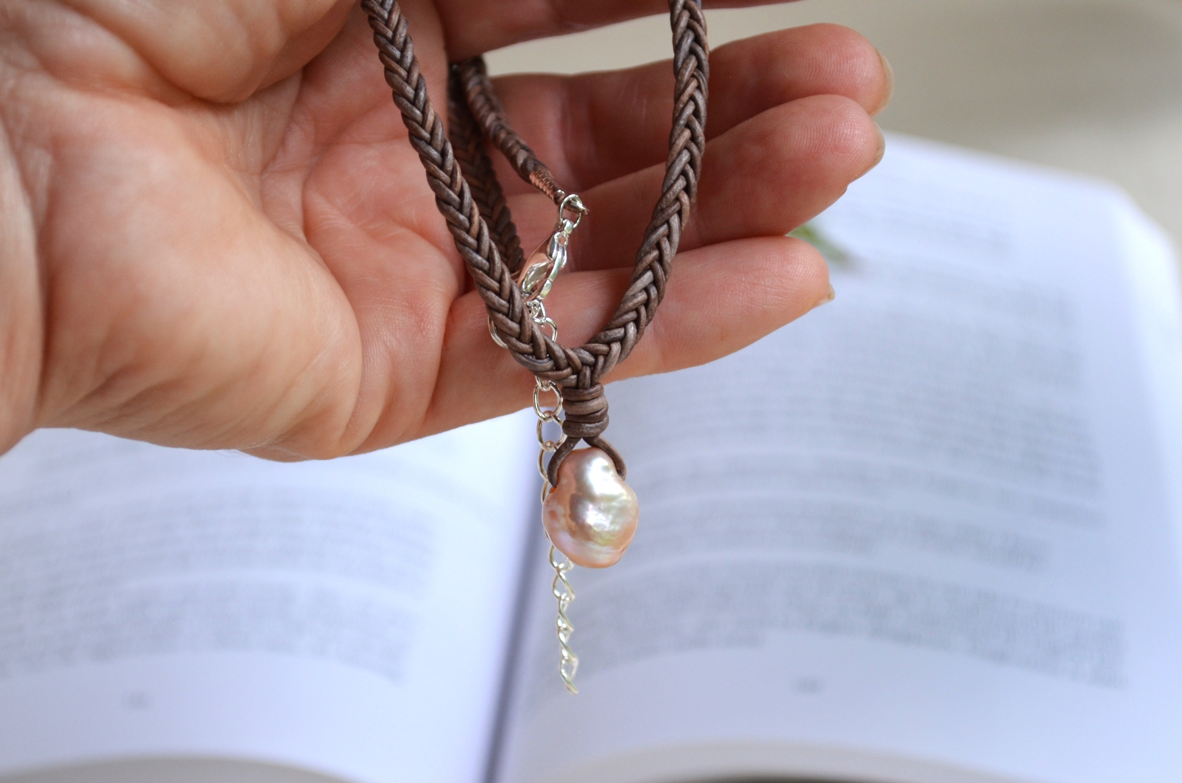 Baroque Edison Pearl Necklace on Braided Leather, Pink Edison Pearl