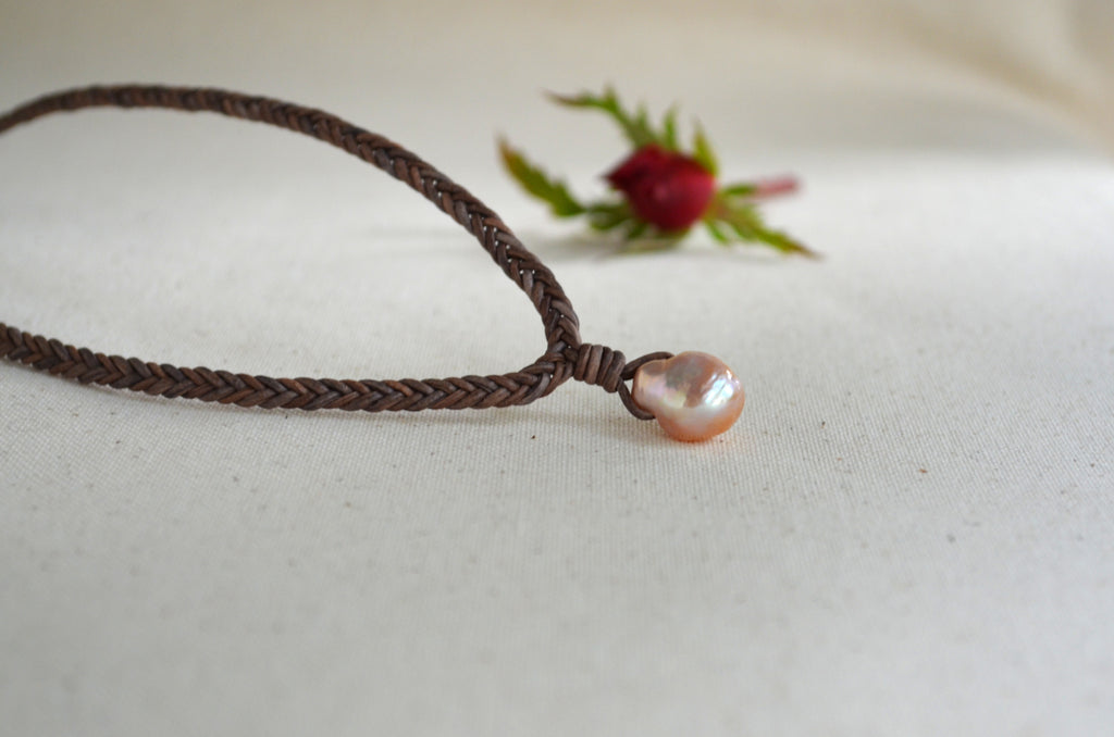 Baroque Edison Pearl Necklace on Braided Leather, Pink Edison Pearl
