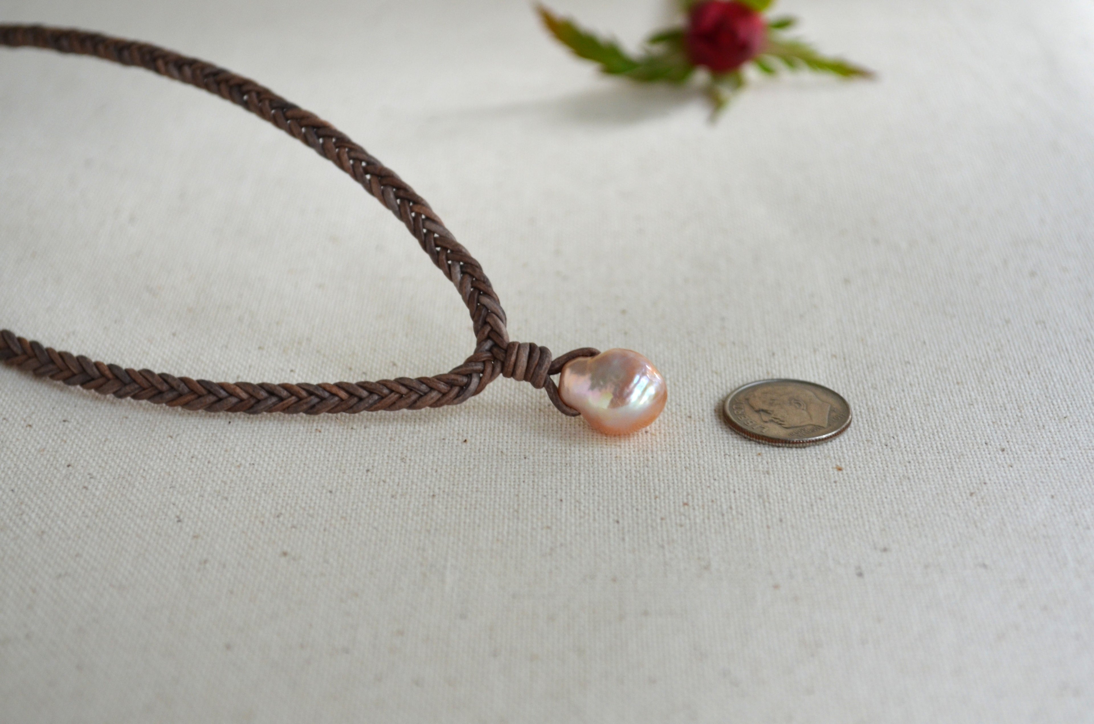Baroque Edison Pearl Necklace on Braided Leather, Pink Edison Pearl