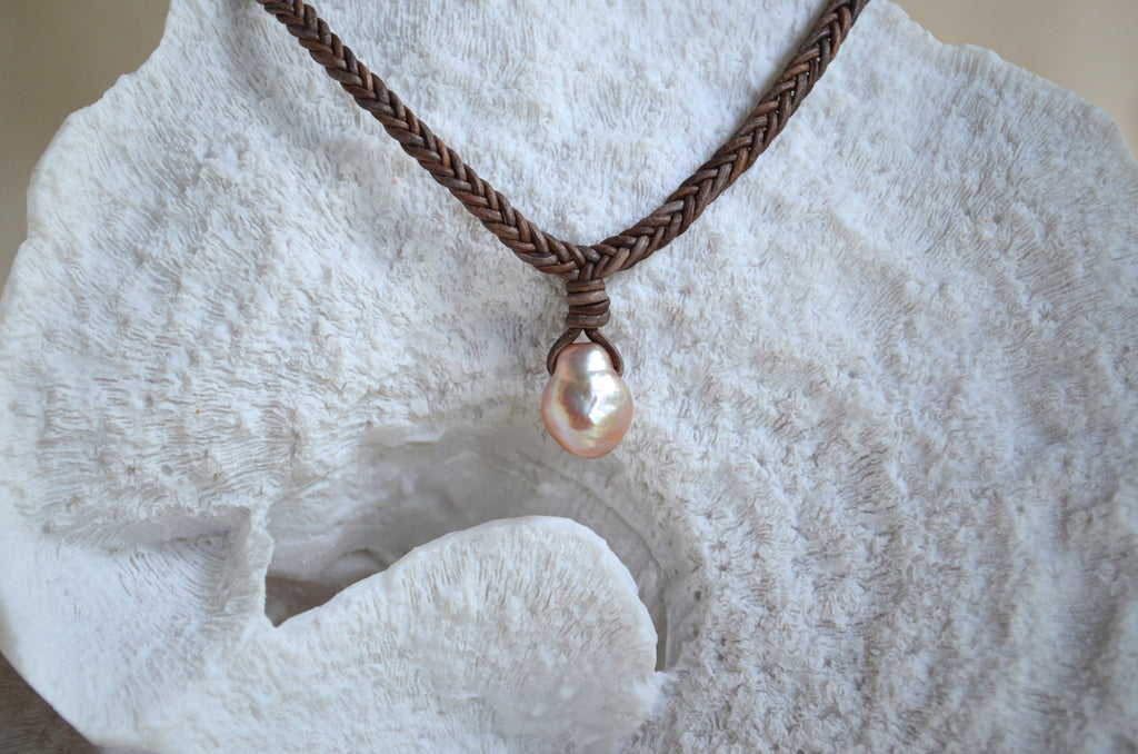 Baroque Edison Pearl Necklace on Braided Leather, Pink Edison Pearl