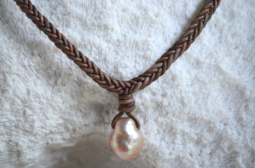 Baroque Edison Pearl Necklace on Braided Leather, Pink Edison Pearl