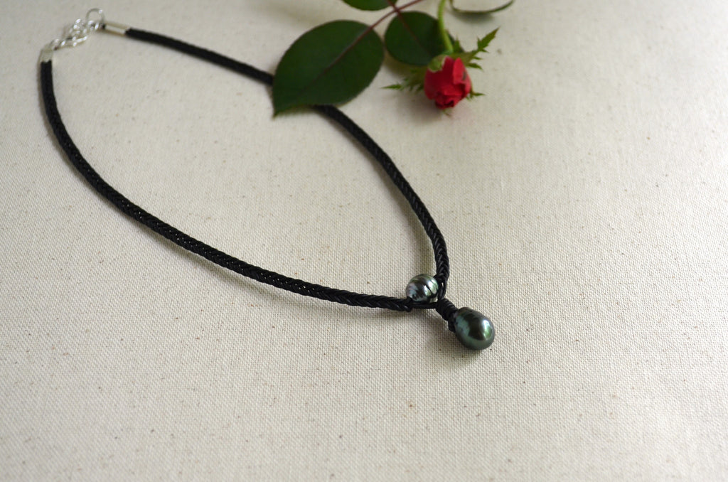 Tahitian Pearls on Hand Braided Black Leather Necklace