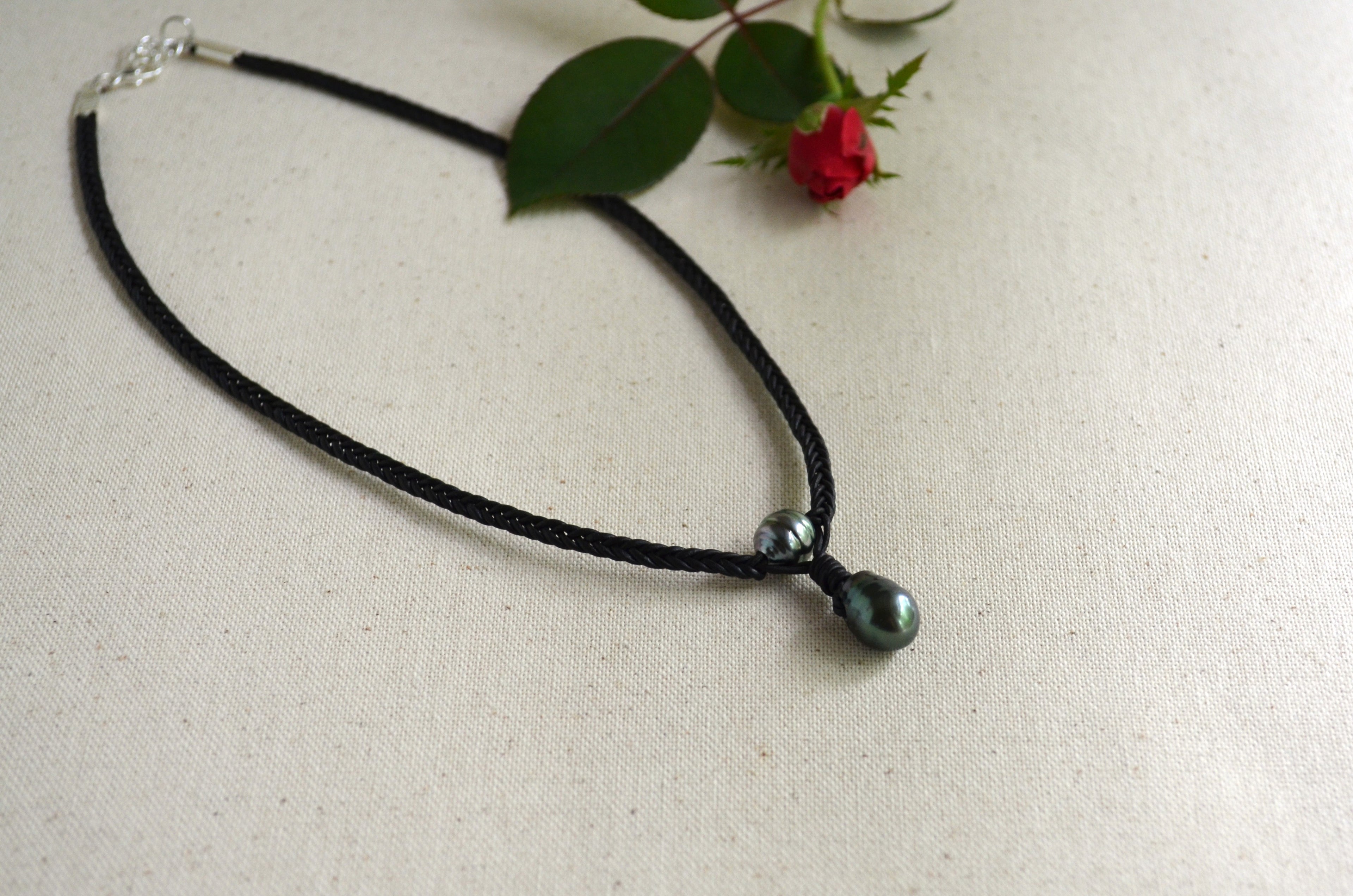 Tahitian Pearls on Hand Braided Black Leather Necklace