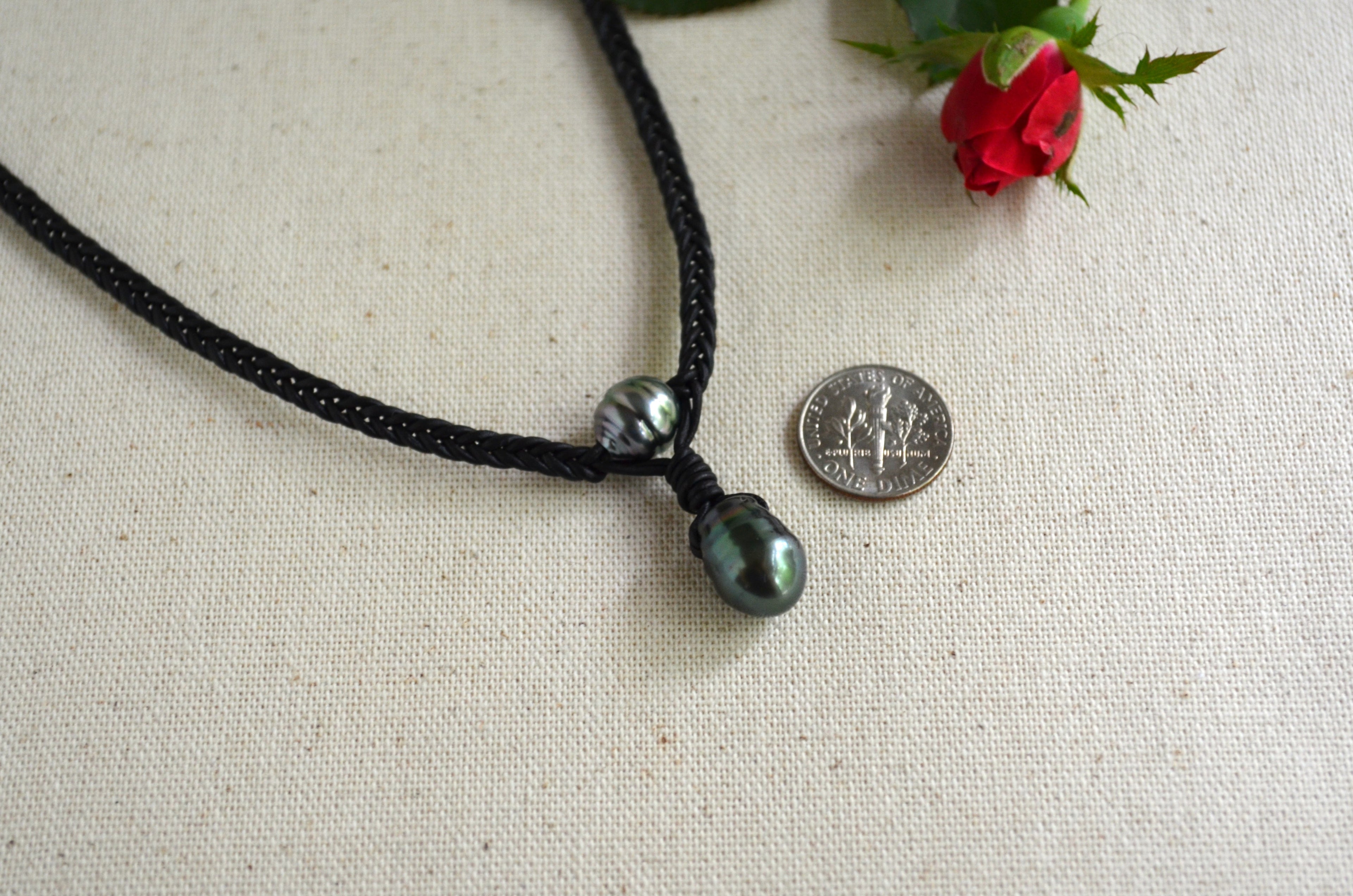 Tahitian Pearls on Hand Braided Black Leather Necklace