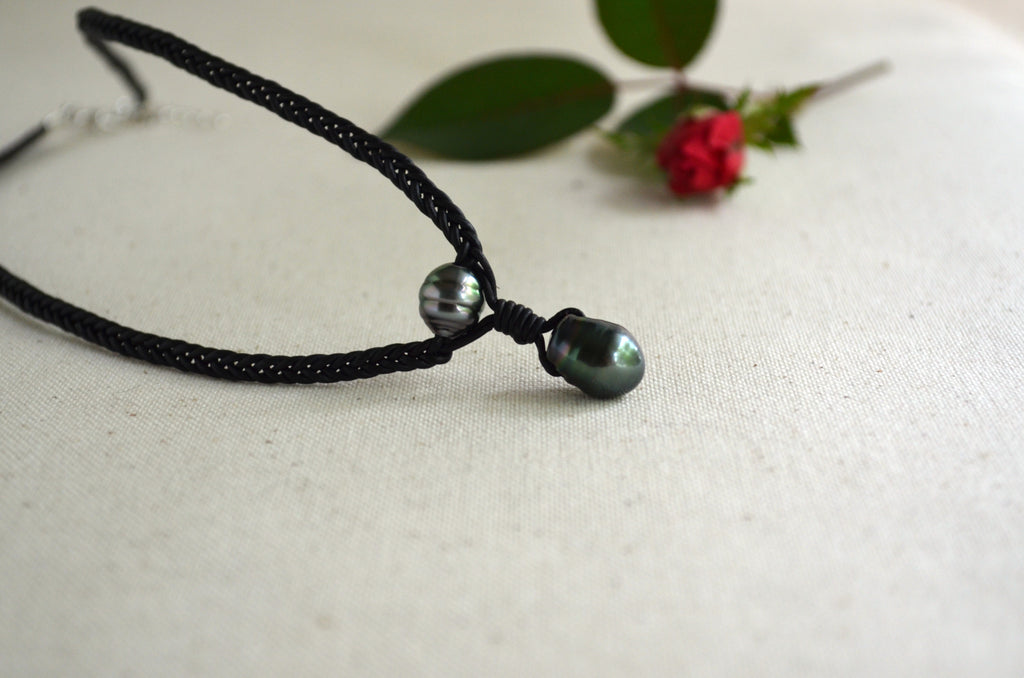 Tahitian Pearls on Hand Braided Black Leather Necklace