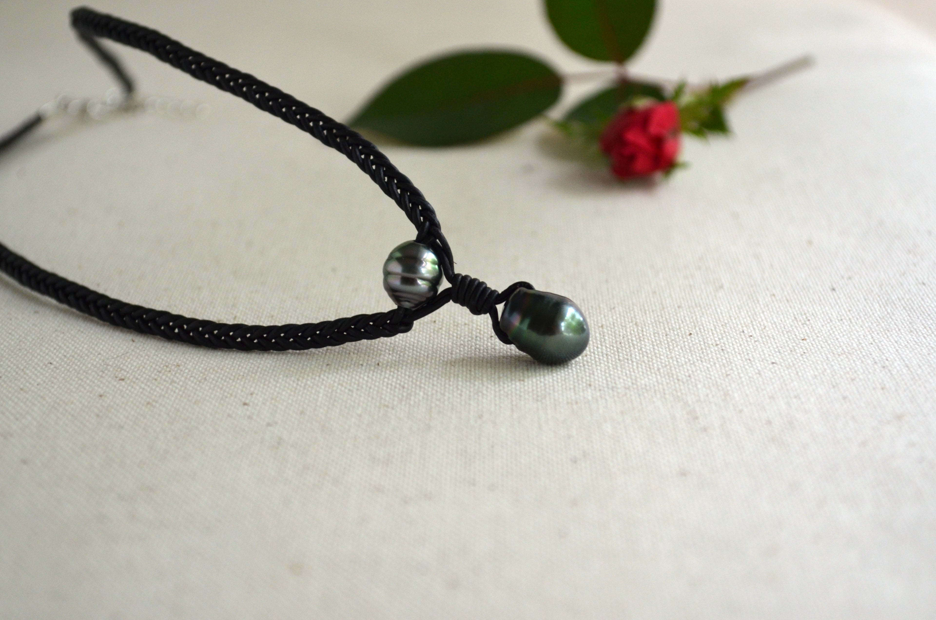 Tahitian Pearls on Hand Braided Black Leather Necklace