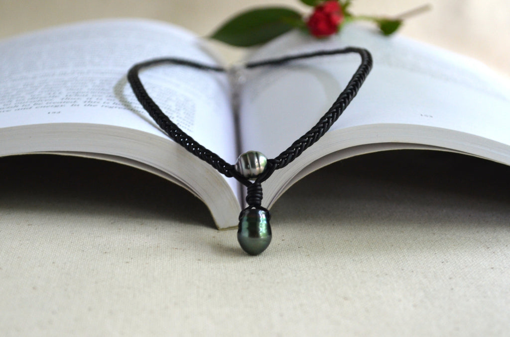 Tahitian Pearls on Hand Braided Black Leather Necklace