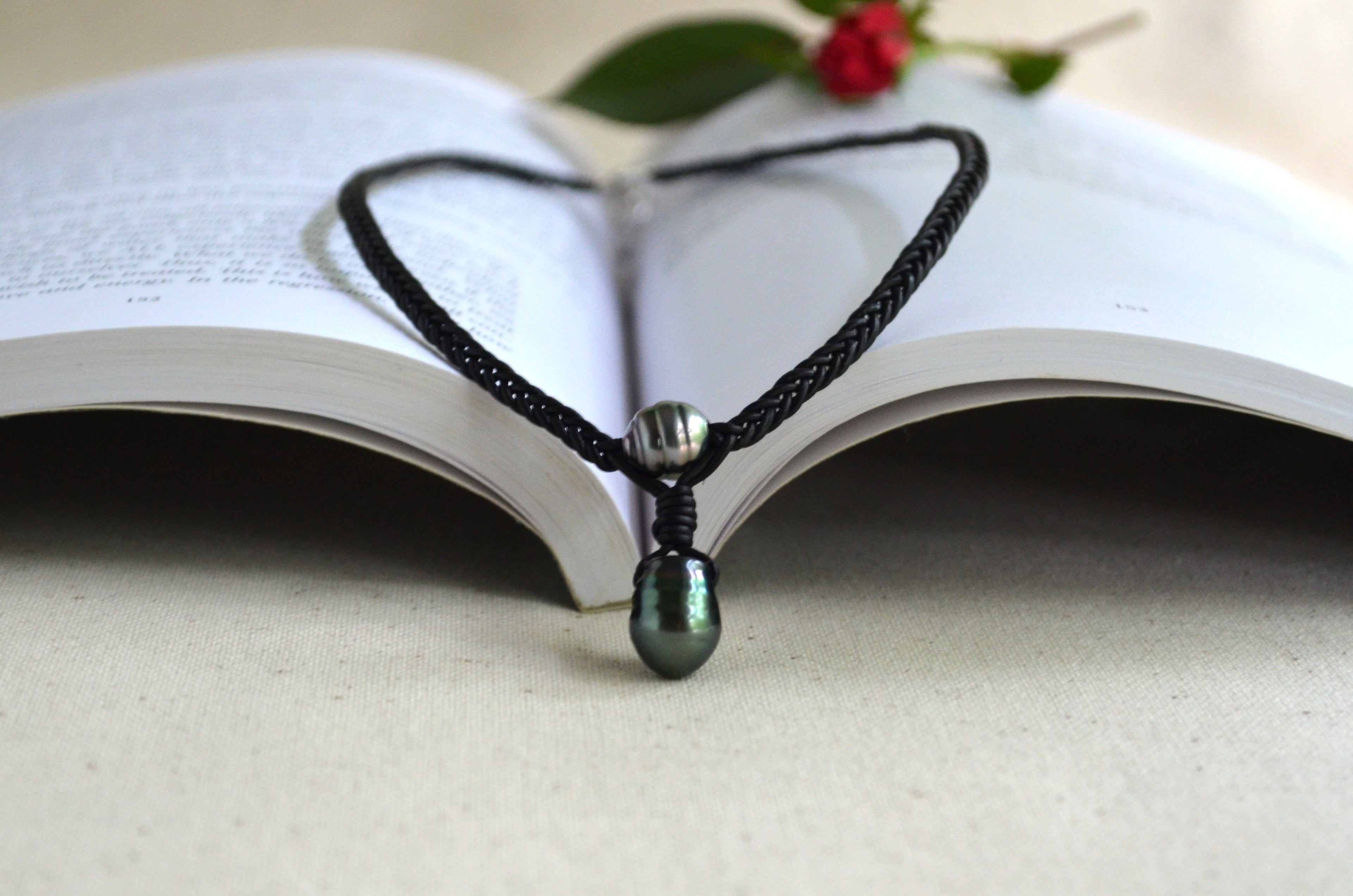 Tahitian Pearls on Hand Braided Black Leather Necklace