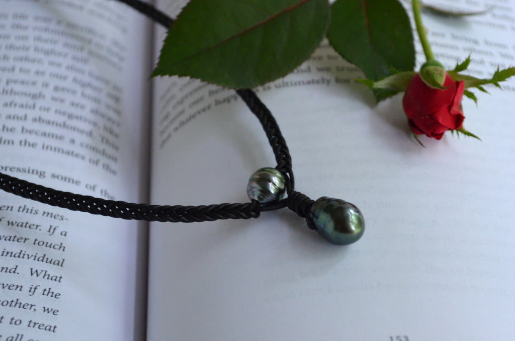 Tahitian Pearls on Hand Braided Black Leather Necklace
