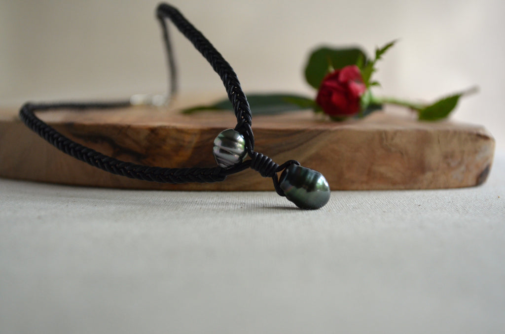 Tahitian Pearls on Hand Braided Black Leather Necklace