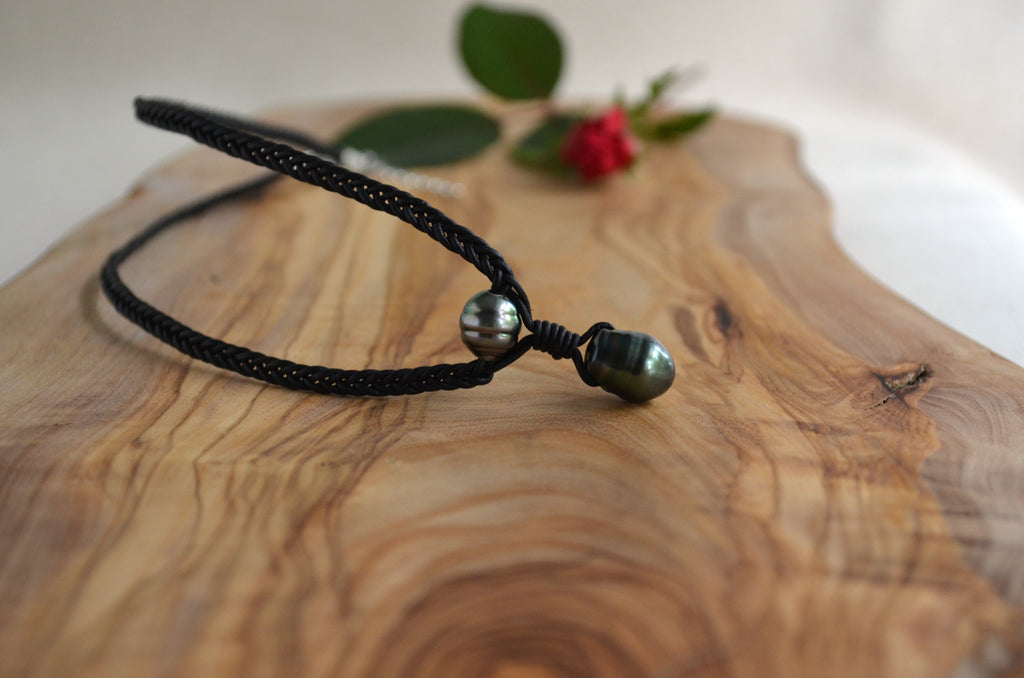 Tahitian Pearls on Hand Braided Black Leather Necklace