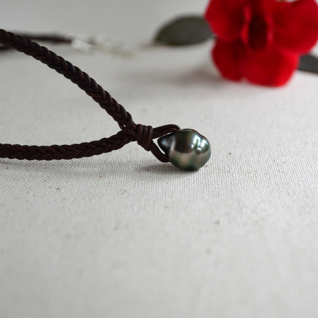 Baroque Tahitian Pearl on Hand-Braided Leather Necklace Unisex 17" Long Plus 2" Extender Chain