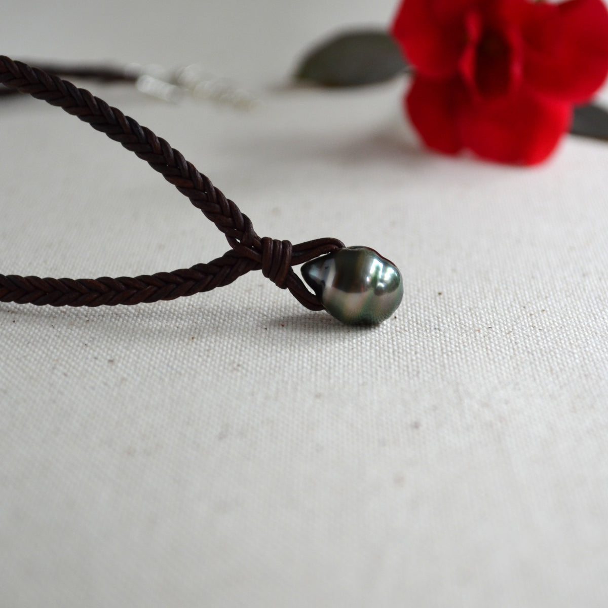 Baroque Tahitian Pearl on Hand-Braided Leather Necklace Unisex 17" Long Plus 2" Extender Chain