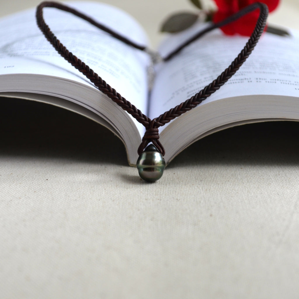 Baroque Tahitian Pearl on Hand-Braided Leather Necklace Unisex 17" Long Plus 2" Extender Chain